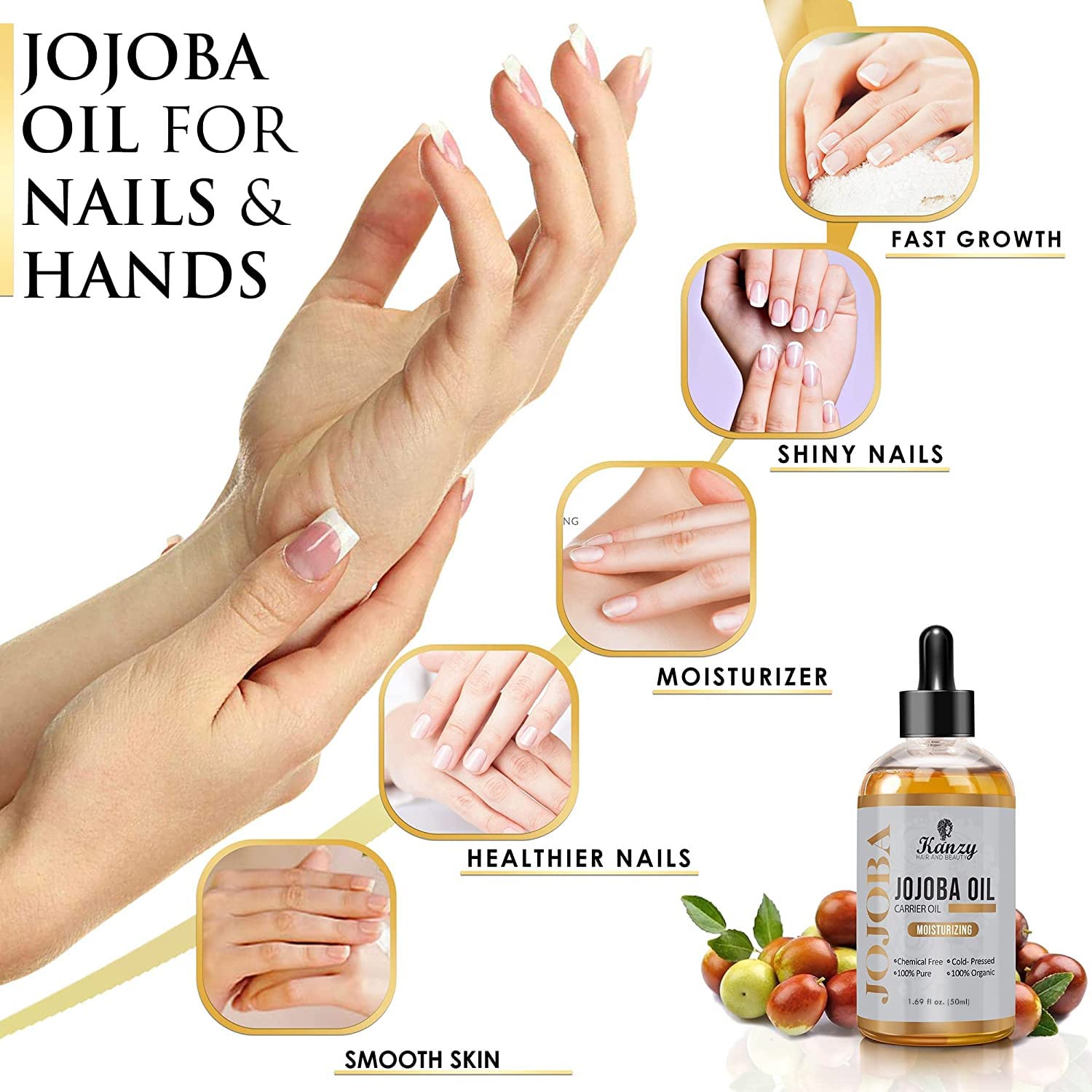 Kanzy Jojoba Oil Cold Pressed 50ml, 100% Pure Jojoba Oil for Hair Nails, Eyelash & Eyebrow Growth - Image 4