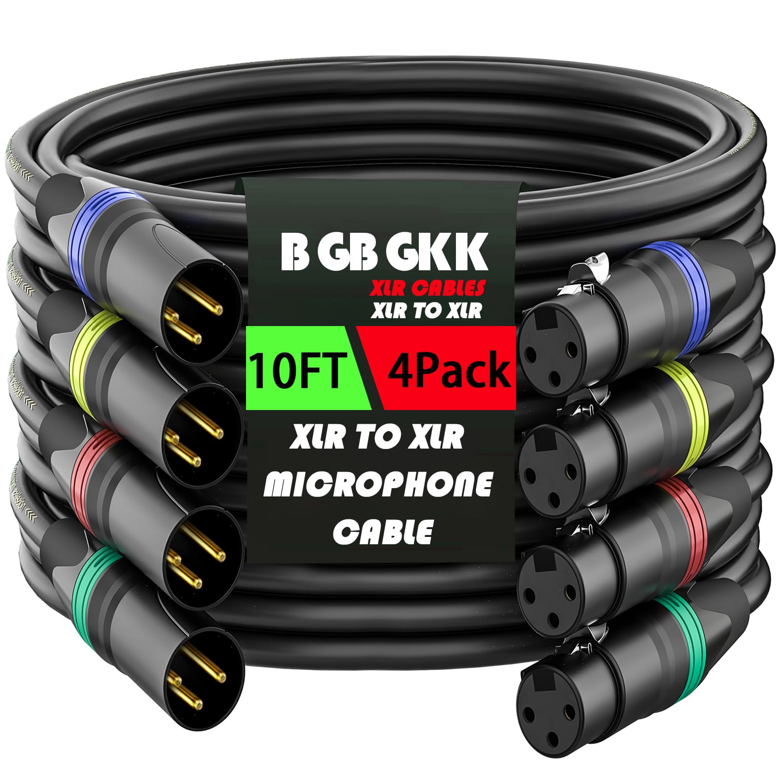 Cables XLR de 10 pies, paquete de 4, cable de micrófono XLR profesional macho a hembra, chapado en oro, 3 pines X LR, cable de micrófono equilibrado, multicolor