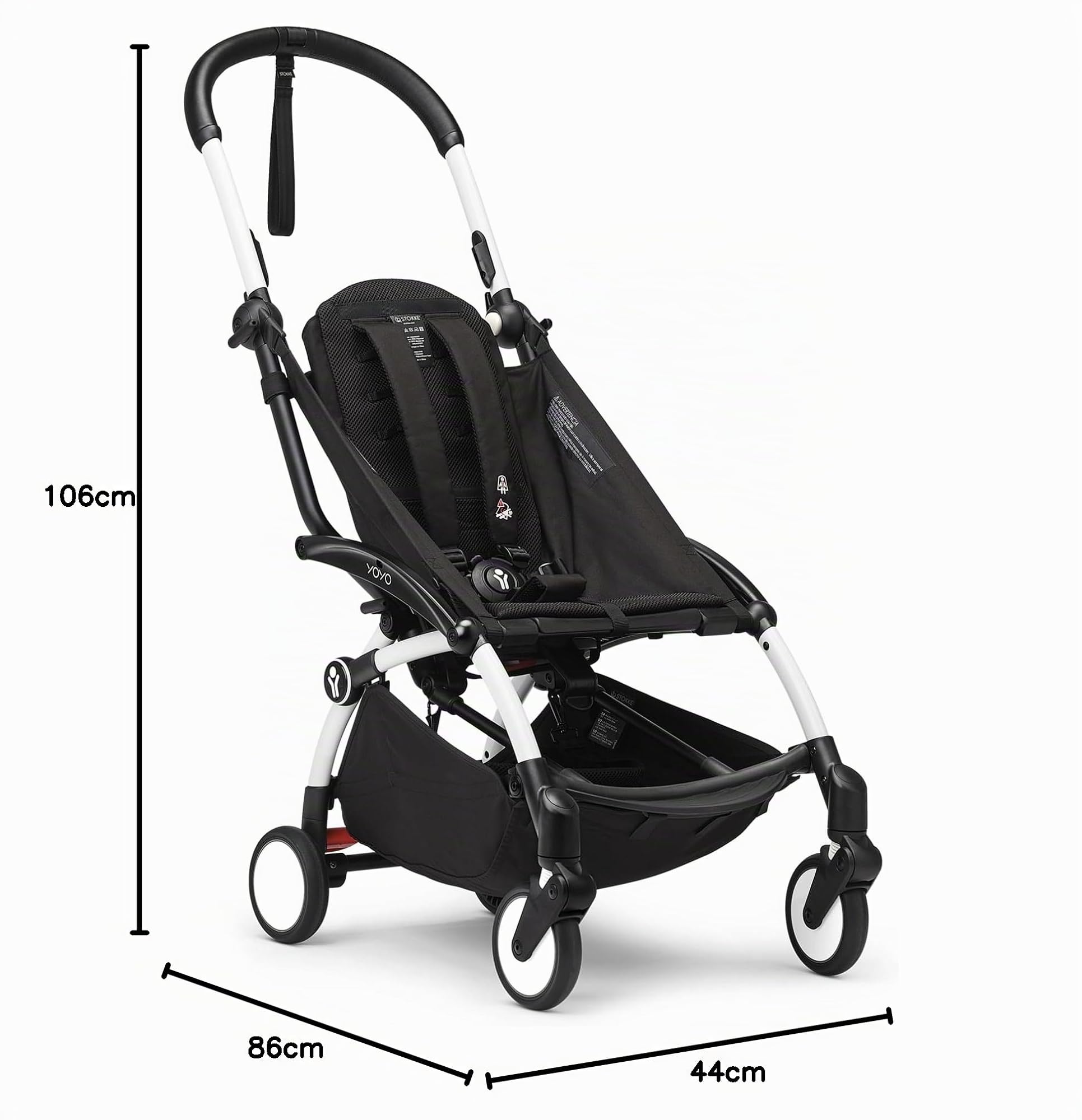 Stokke YOYO3 Gestell Weiß 5-Punkt-Gurt verstellbare Rückenlehne Sonnenverdeck-Verlängerungen gepolsterte Schultergurte Aufbewahrungstasche