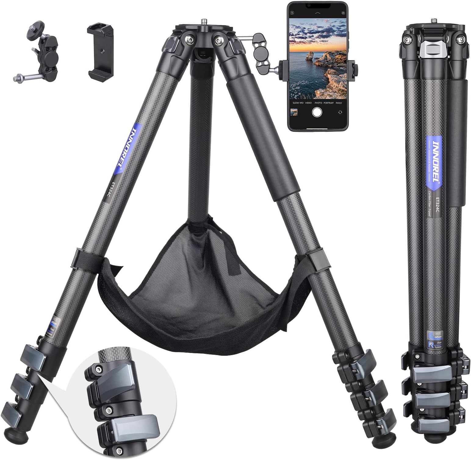 INNOREL Professional Carbon Fiber Tripod – Compact No Center Column Design, 20kg Load, 1.89kg Lightweight, 11.5–156.7cm Height Range, CNC Flip Locks, Magic Arm & Phone Holder Included