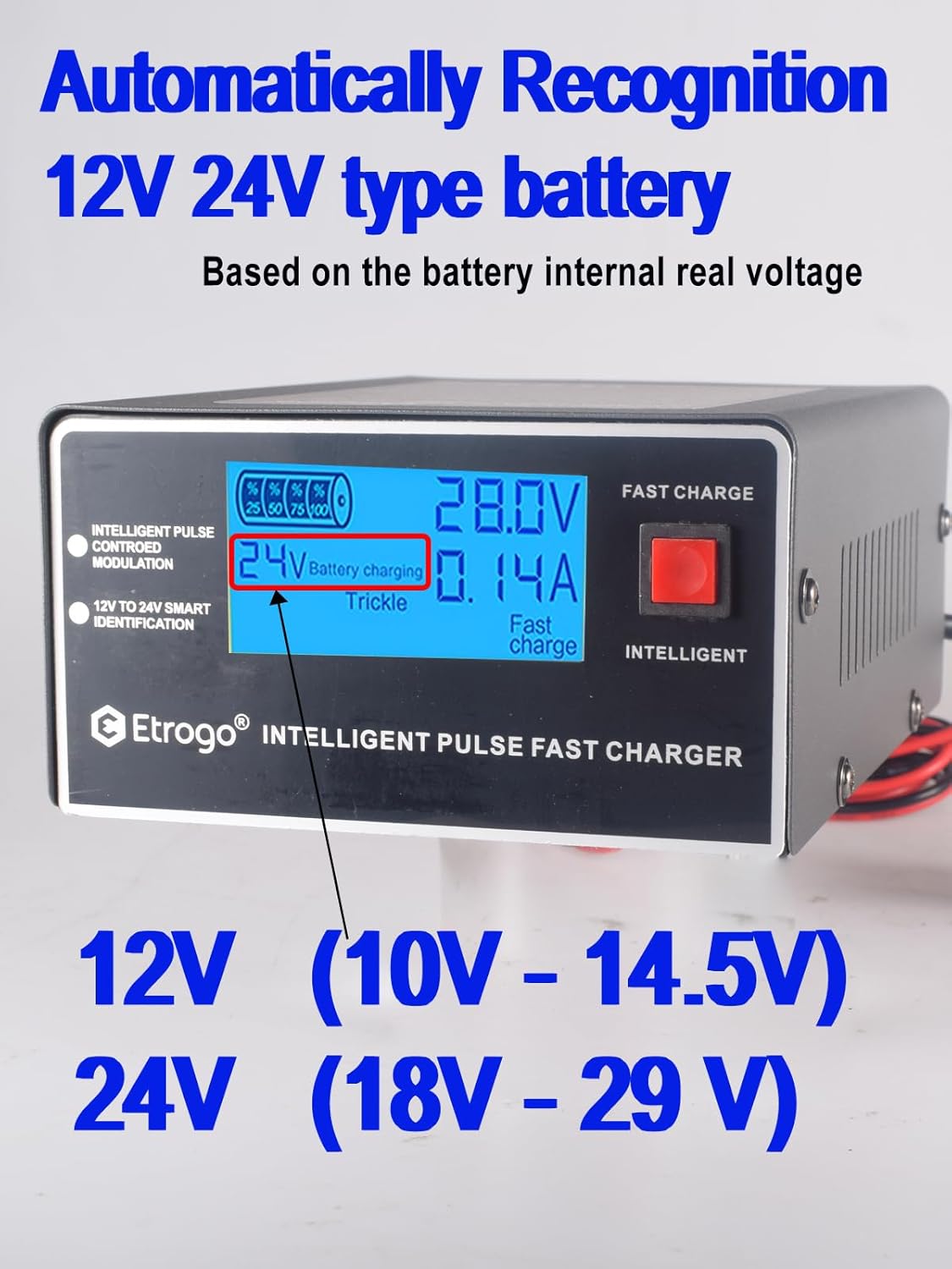 Etrogo ET 866 charger displaying automatic 12V/24V battery recognition