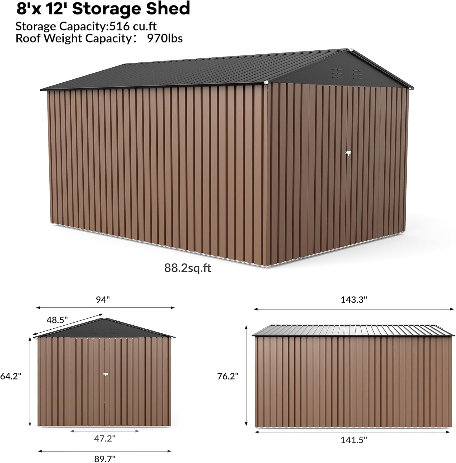 8x12 ft Outdoor Storage Shed, Metal Garden Tool Shed with Sloped Roof & Lockable Doors, Outdoor Tool Storage Shed for Backyard Garden Patio Lawn, Brown