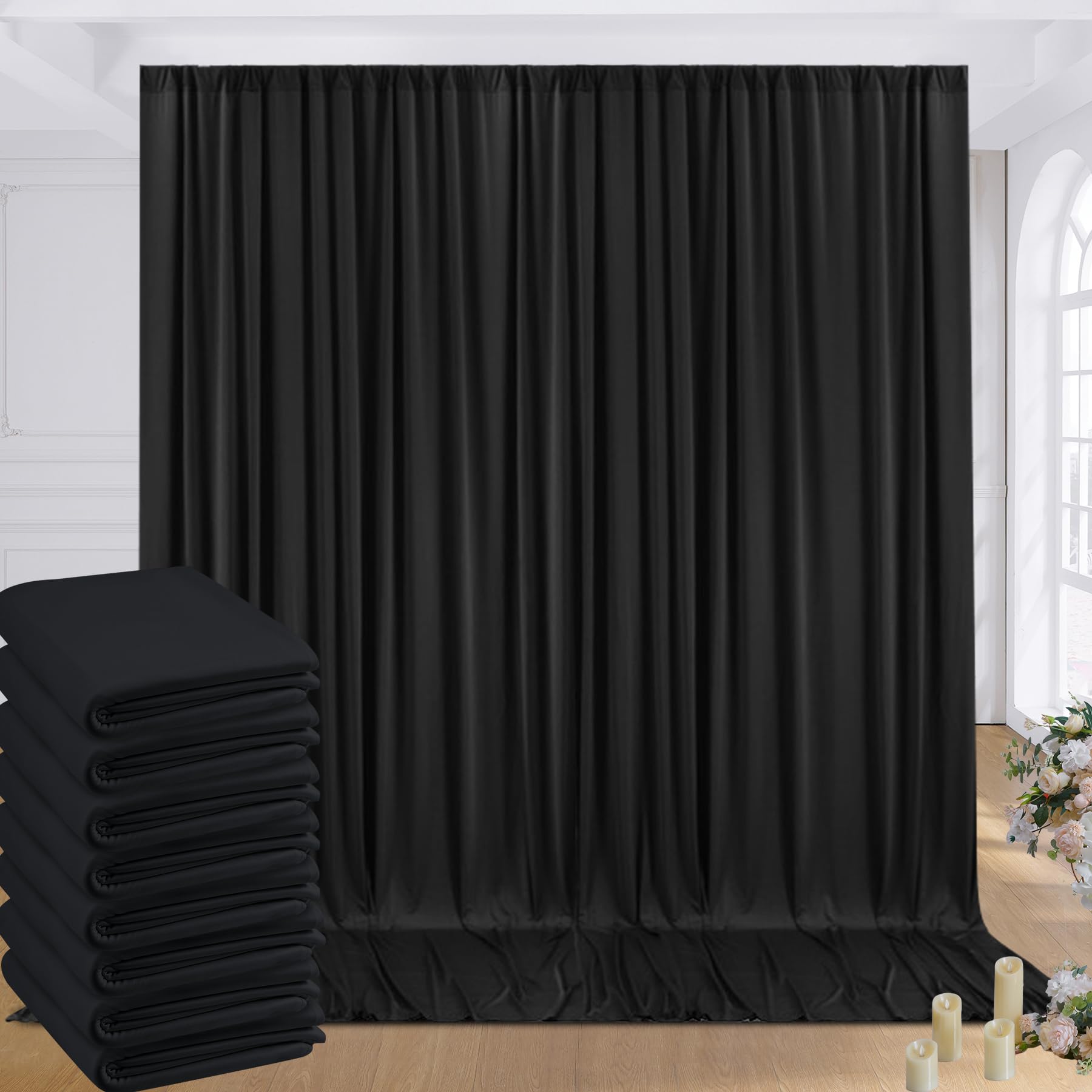 40ftx8ft Wrinkle Free Black Backdrop Curtains for Parties, 8 Panels 5×8ft Soft Silky Polyester Drapes for Backdrop Decor Party Graduation Halloween