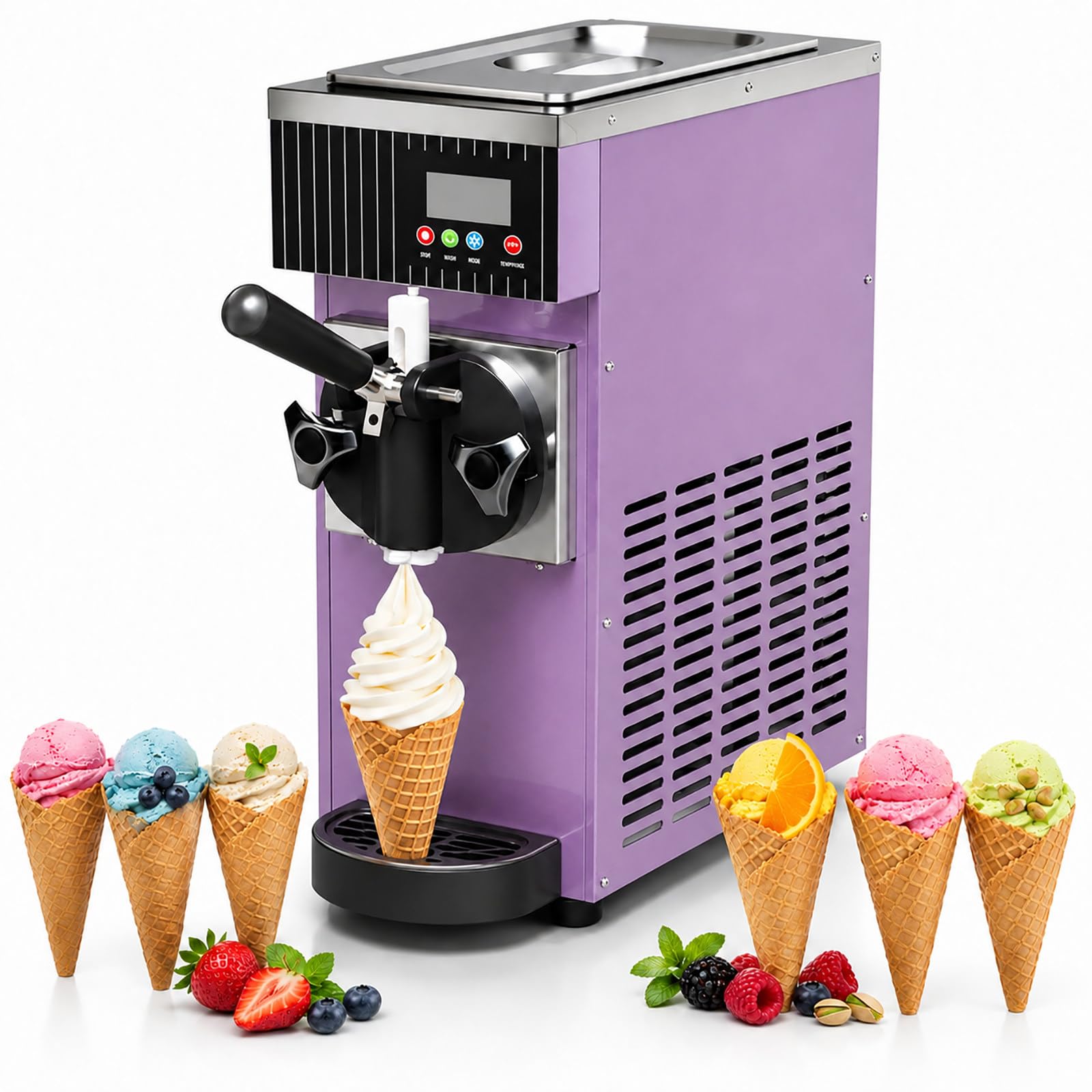 vnmudzeo Soft Serve Ice Cream Machine - Countertop Single Flavor Maker, 450W, 2.5L Hopper, 33.8oz Freezing Cylinder, Auto Clean for Snack Bars Purple