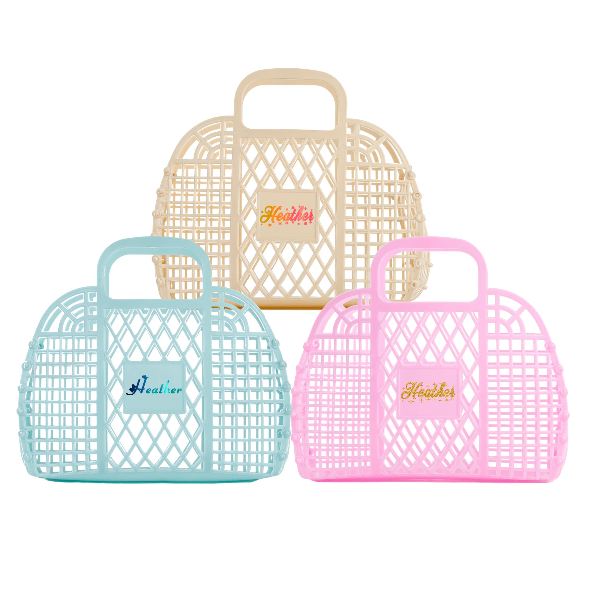Personalized Beach Bag Retro Gift Basket Custom Name Plastic Hollow Storage Bag Easter Gift Purse Birthday Party Favor for Girl Women Kids