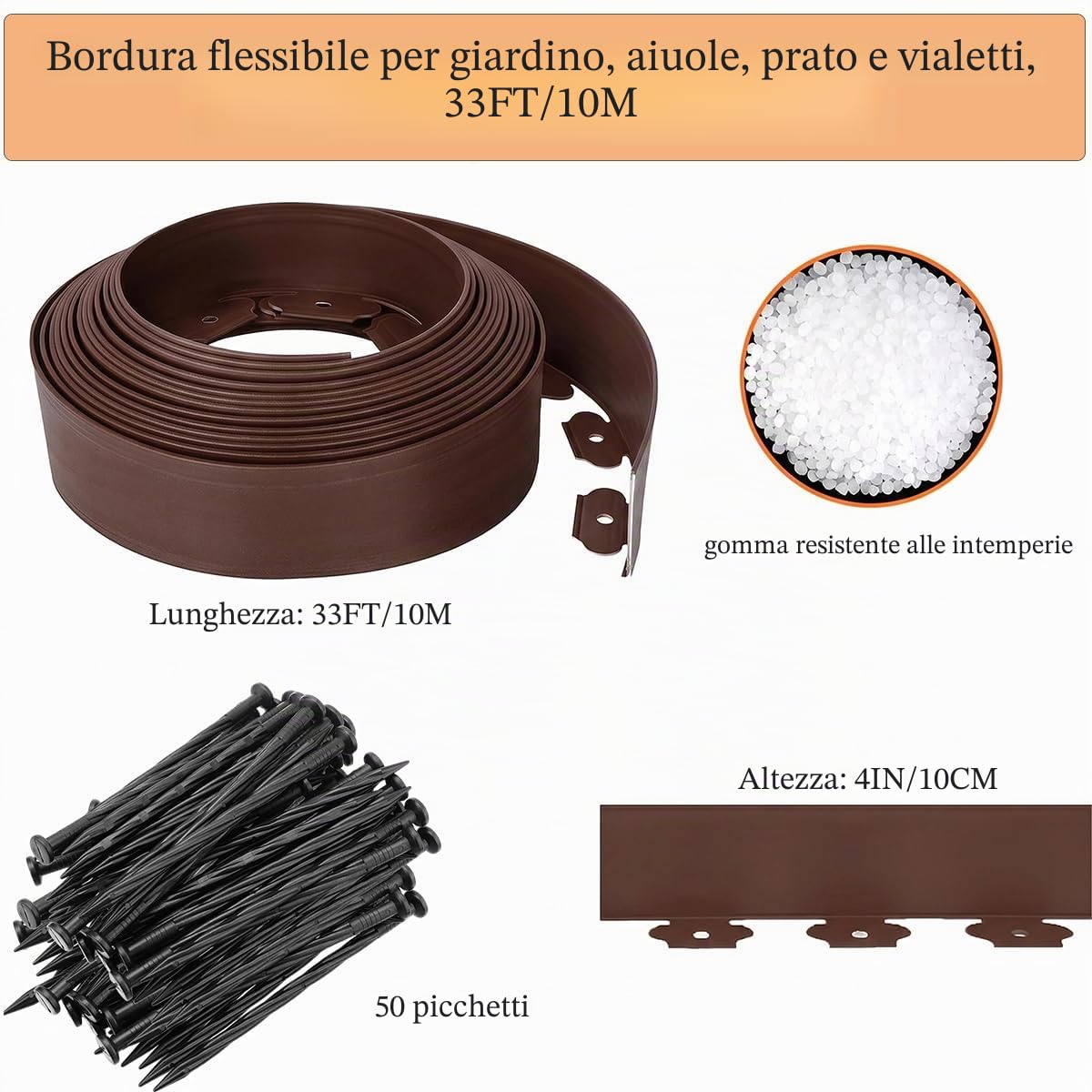 Bordo flessibile da giardino, 10 m, altezza 10 cm, in plastica, per giardini e prati, con 50 paletti, per aiuole, divisori paesaggistici, marciapiedi, resistente alle intemperie, marrone