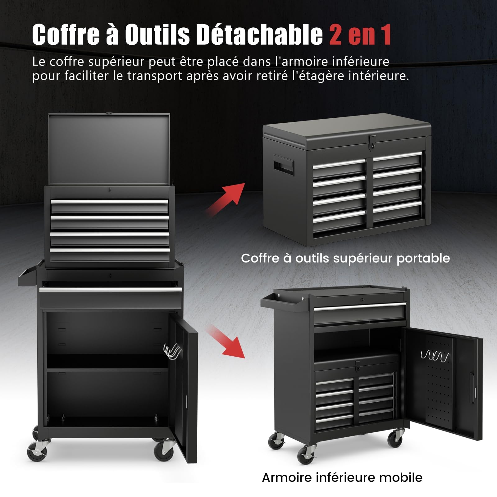 GYMAX Servante d'Atelier Outils, Coffre Amovible, 5 Tiroirs, 2 Grande Étagère, Caisse à Outil Roulante, Chariot d’Atelier, 4 Roues Universelles(2 avec Freins), Établi pour Bricolage Automobile