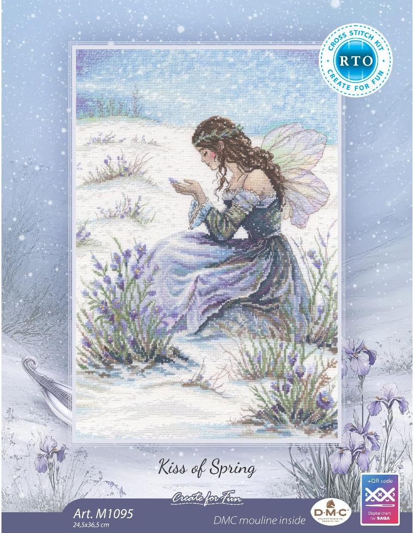 RTO Counted Cross Stitch Kit Spring Fairy M1095 Kiss of Spring Adults, Zweigart Aida Fabric with DMC Thread, DIY Embroidery Kit