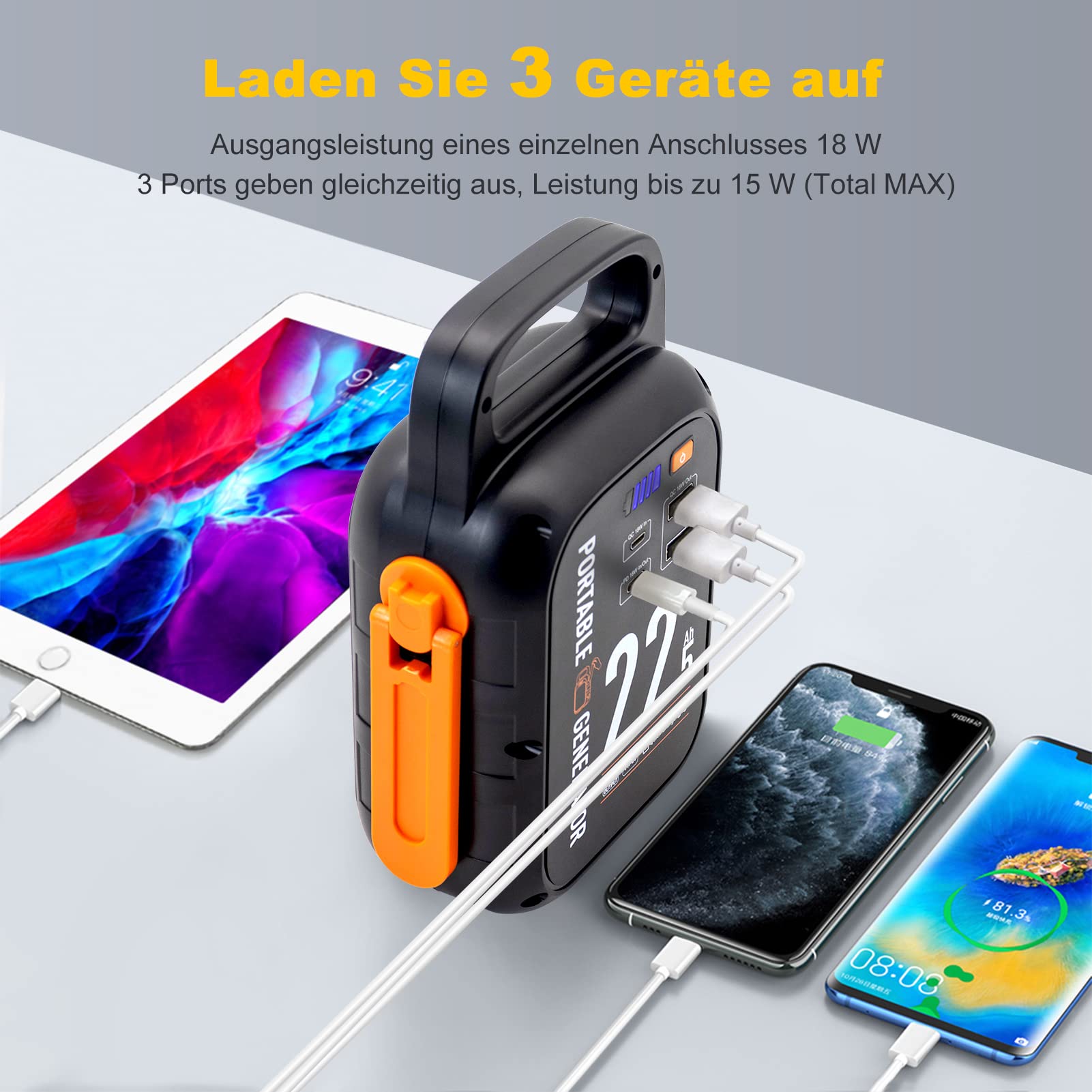 Kurbel Powerbank 22500mAh, Notstrom Akku 18W Schnellladen USB Typ-C, 83.25Wh Stromerzeuger Mit LED-Licht Für Notstromversorgung Camping Outdoor