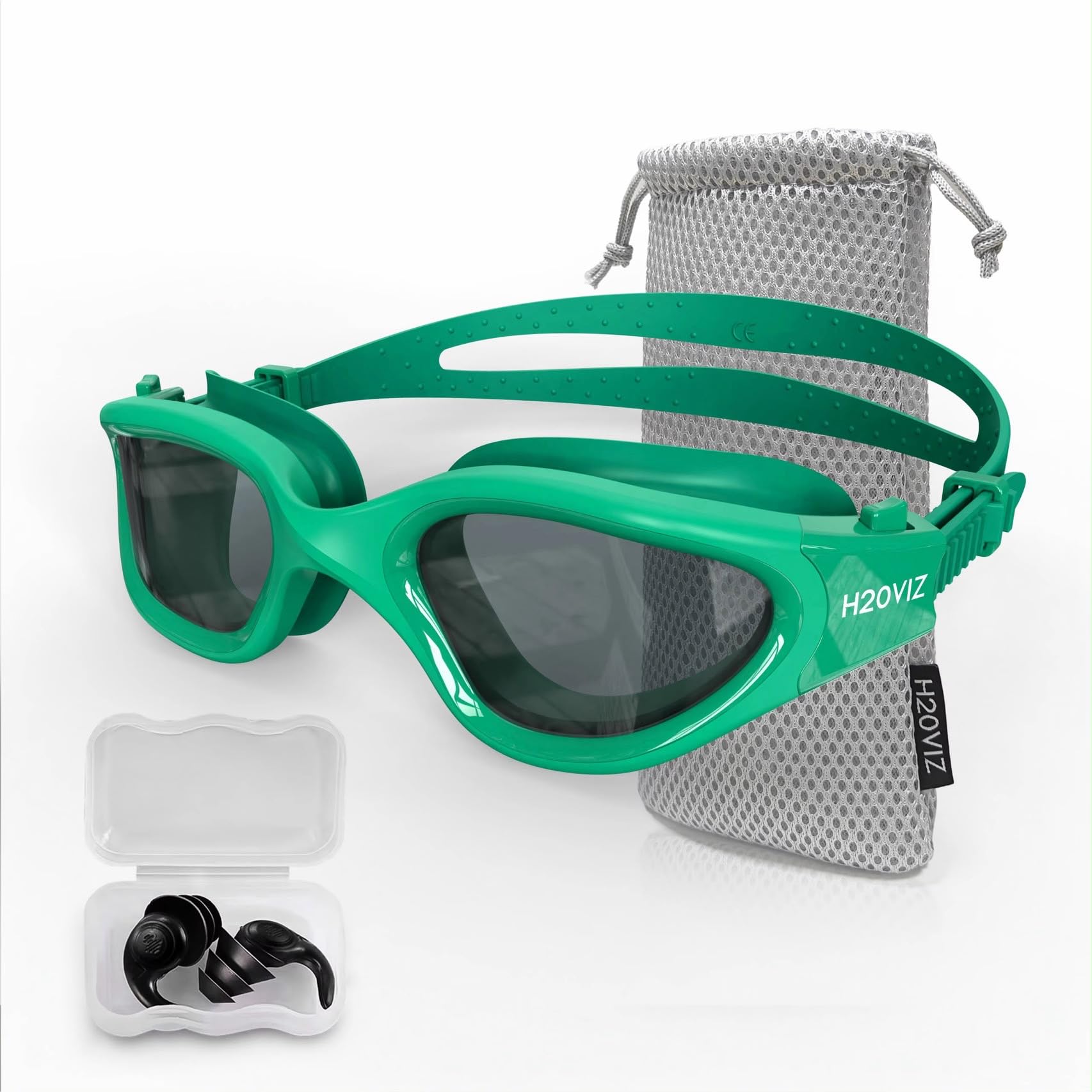 H20VIZ Swimming Goggles | Polarised, Anti-Fog, UV400 Protection, Anti-Leak, Includes Pro Swim Ear Plugs | Men Women Teens (Green - Smoke Grey)