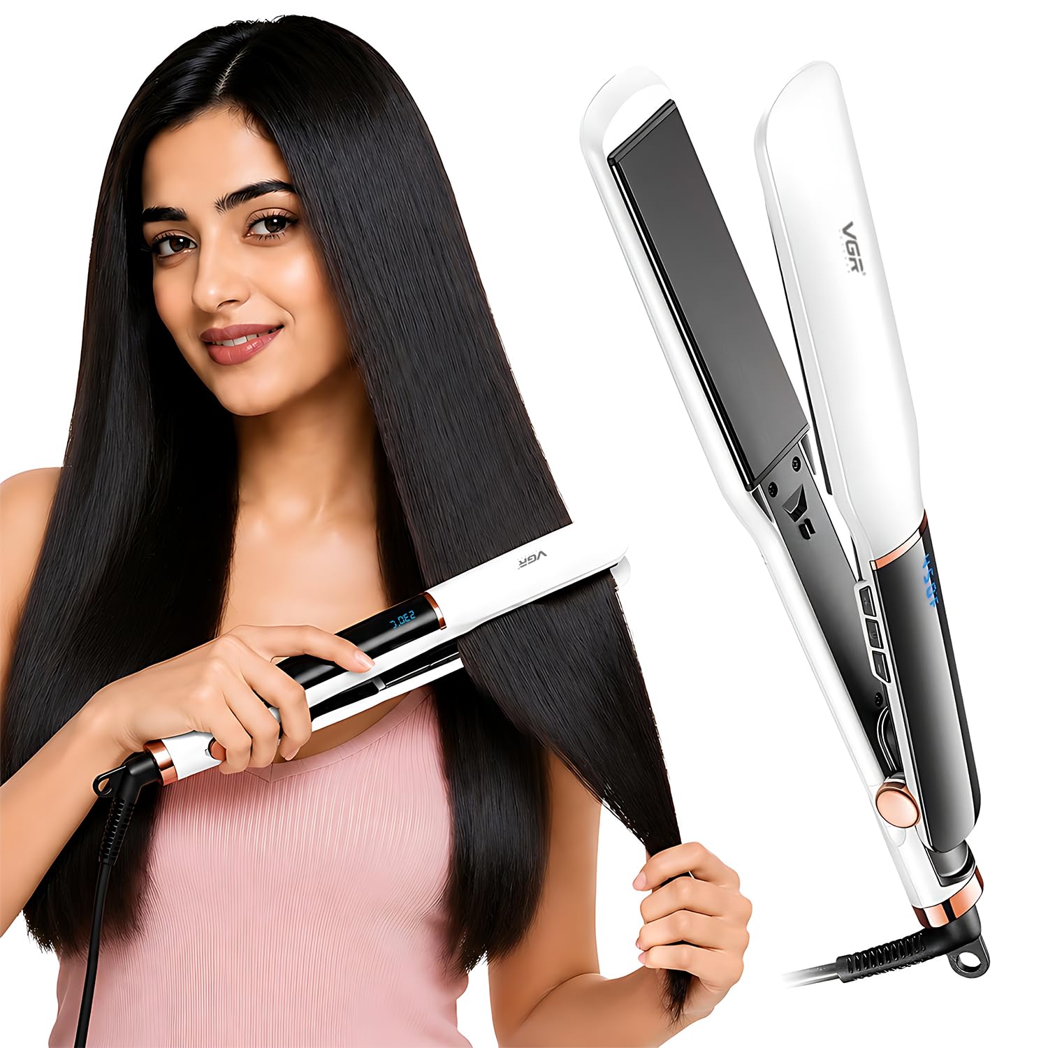 VGR V-519 Professional Hair Straightener - 38mm Ceramic Coating Plates, Max 450°F Heat, LED Display, 7 Temperature Settings, 2.0m Swivel Cord, Ultimate Styling Tool for Women & Salon Use (White)-picture-26