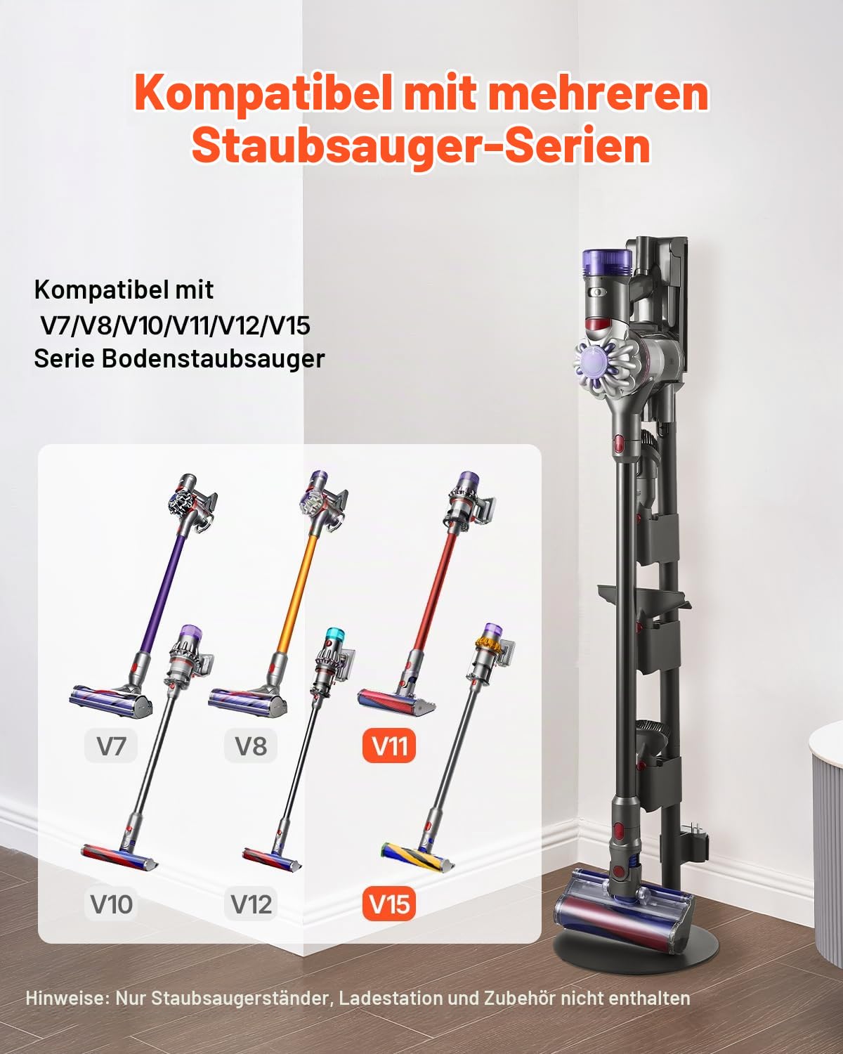 VEVOR Staubsaugerständer 298x298x1260 mm, kompatibel mit Staubsaugern & Zubehör der Serien V7, V8, V10, V11, V12, V15, mit 4 Anti-Rutsch-Pads & 3 Clips zur Aufbewahrung von 6 Bürstenköpfen
