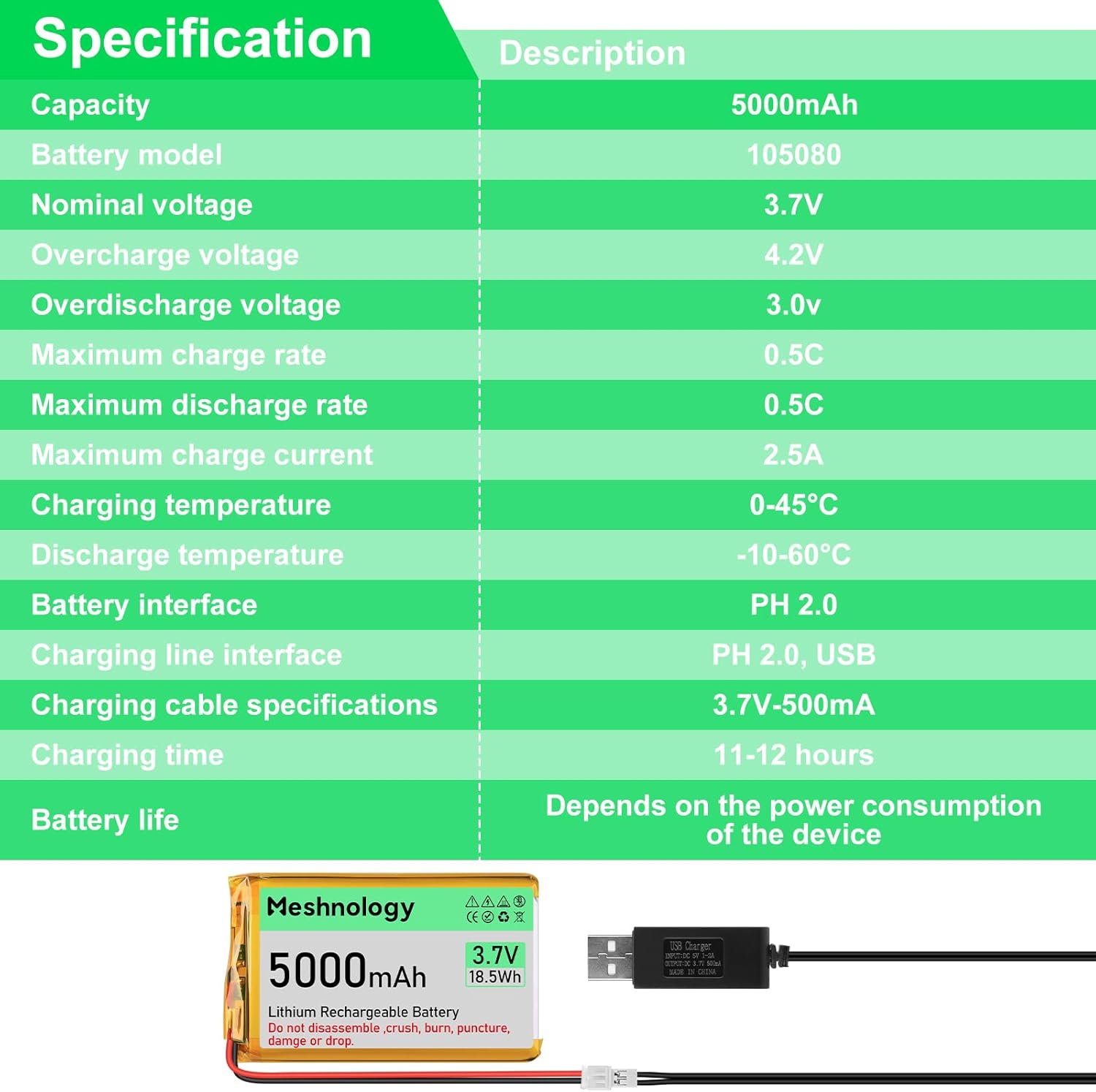 3.7V 5000mAh Li Battery with USB Charger Cable 105080 1S LiPo Battery with Protection Board Insulated Rubber Tape and PH 2.0 Plug for Arduino ESP32 Module Board Drone RC Car (1Pack)