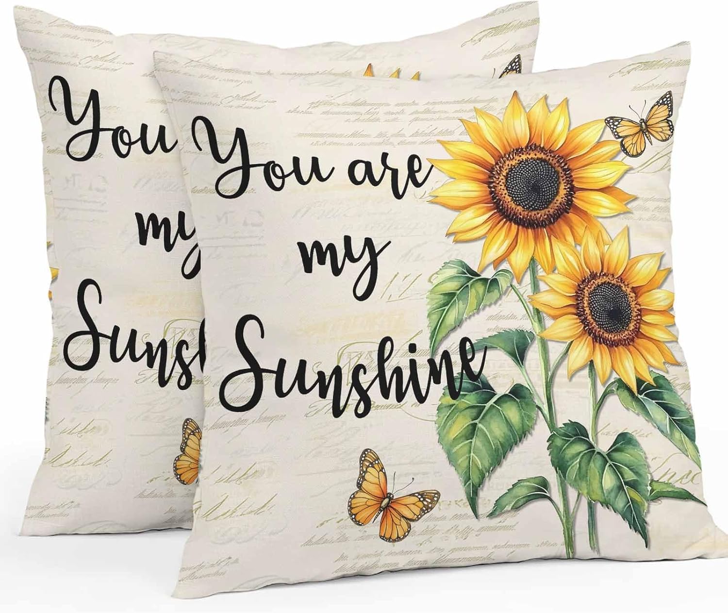 Outdoor Throw Pillow Cover Spring Rustic Sunflower Butterfly Waterproof Cushion Covers 2 Pack Sunshine Text on Retro Letter Pillow Cases Home Decoration for Patio Garden Couch Sofa