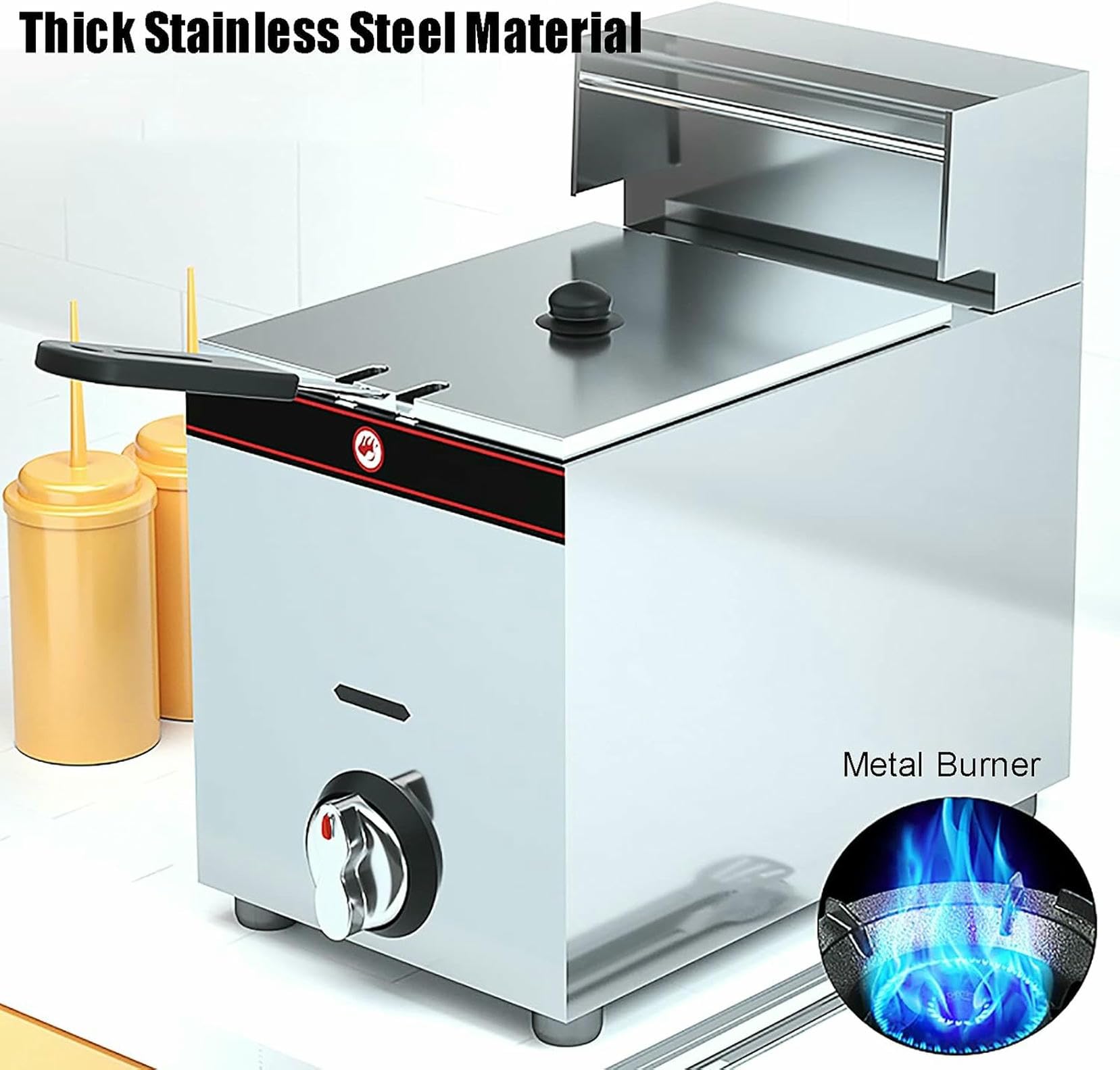 Freidora a Gas de Acero Inoxidable de 10 l/20 l, freidora Comercial de Patatas Fritas y Pollo Frito con Cesta y Tapa para Cocina y Restaurante~/