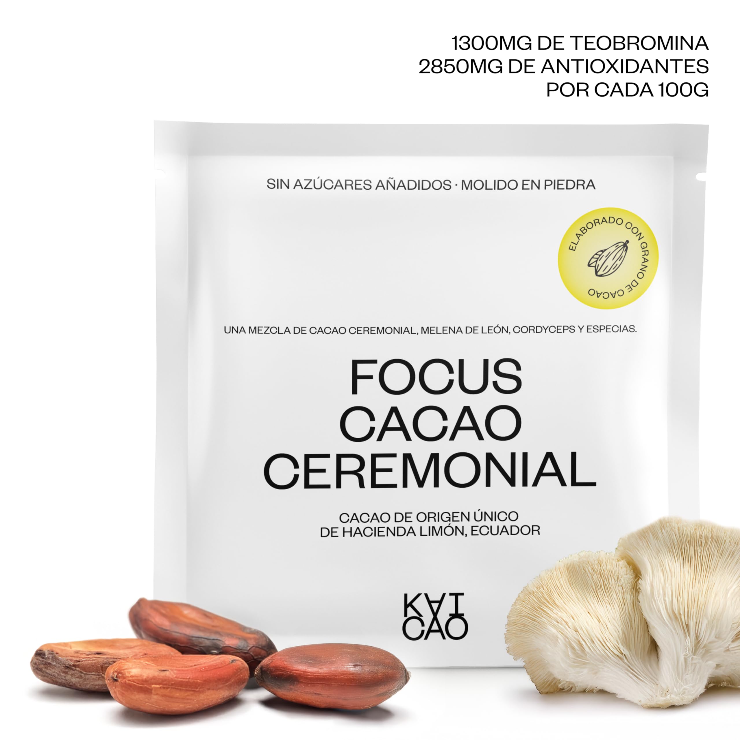 Kaicao Cacao Ceremonial Focus con Melena de León, Cordyceps, Jengibre y Cardomomo - Cacao Puro Triturado en Polvo, Origen Ecuador – sin Azúcar, Vegano, sin Gluten, Dieta Keto - 5 x 20gr