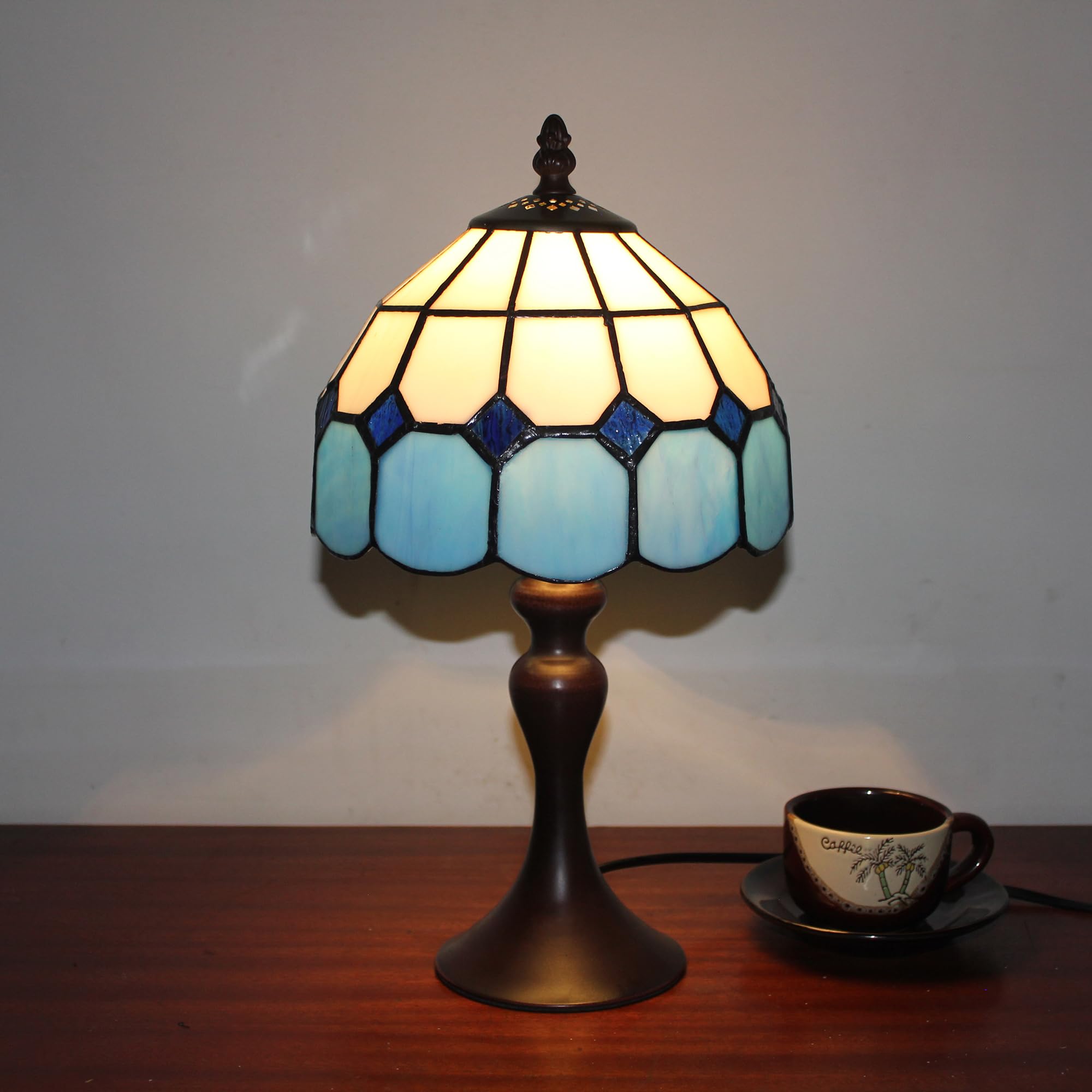 Tiffany Tischlampe Mediterraner Stil Blau, Mehrfarbiges Glas Mini Lampe für Schlafzimmer, 8 Zoll Klassisch Handgemacht Tischlampe Vintage für Kinderzimmer [Ohne Glühbirnen]