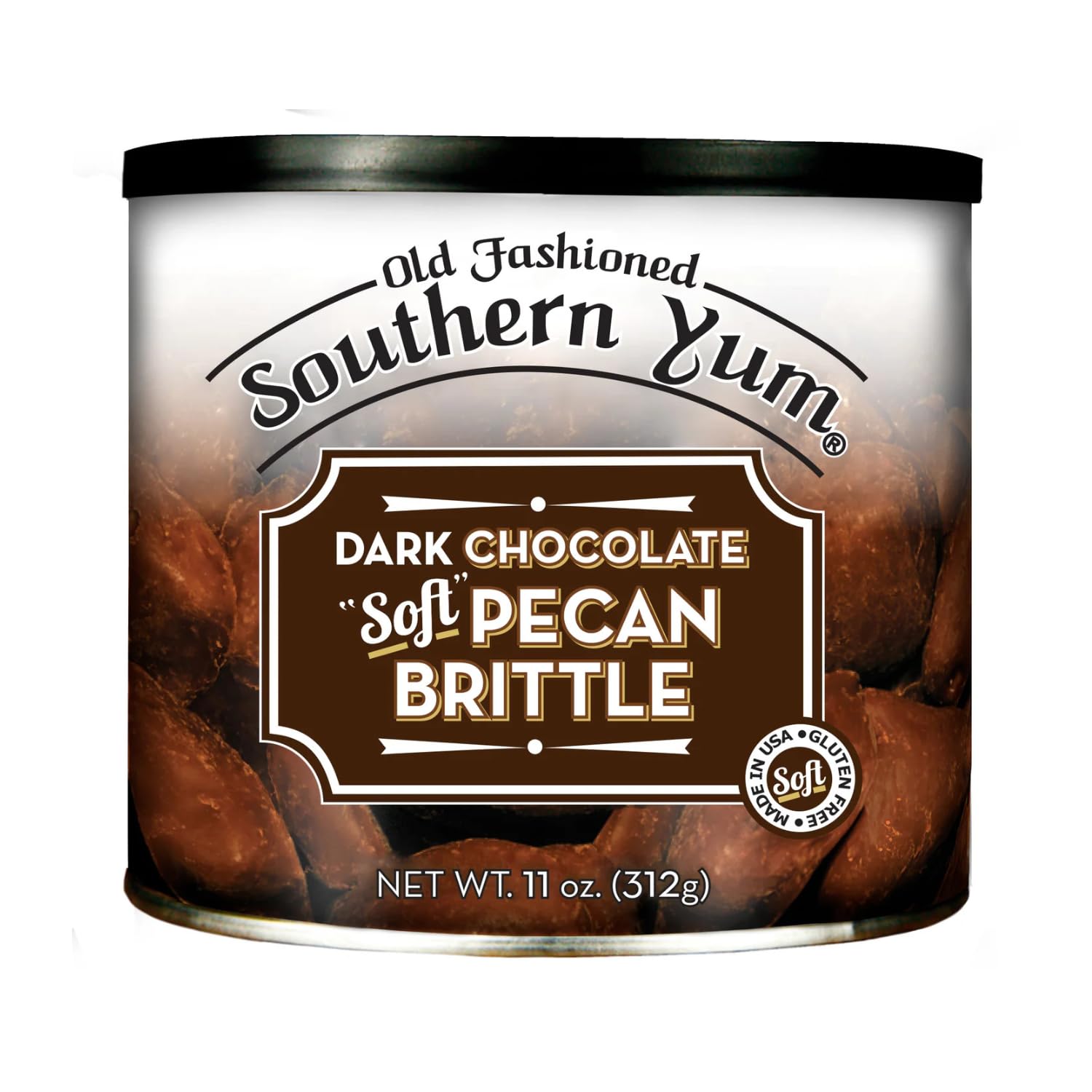 Southern Yum Milk Chocolate Pecan Brittle, Soft Small Batch Handmade NC Pecan Brittle, Gourmet Southern Candy, Gluten Free, 11 oz Gift Tin
