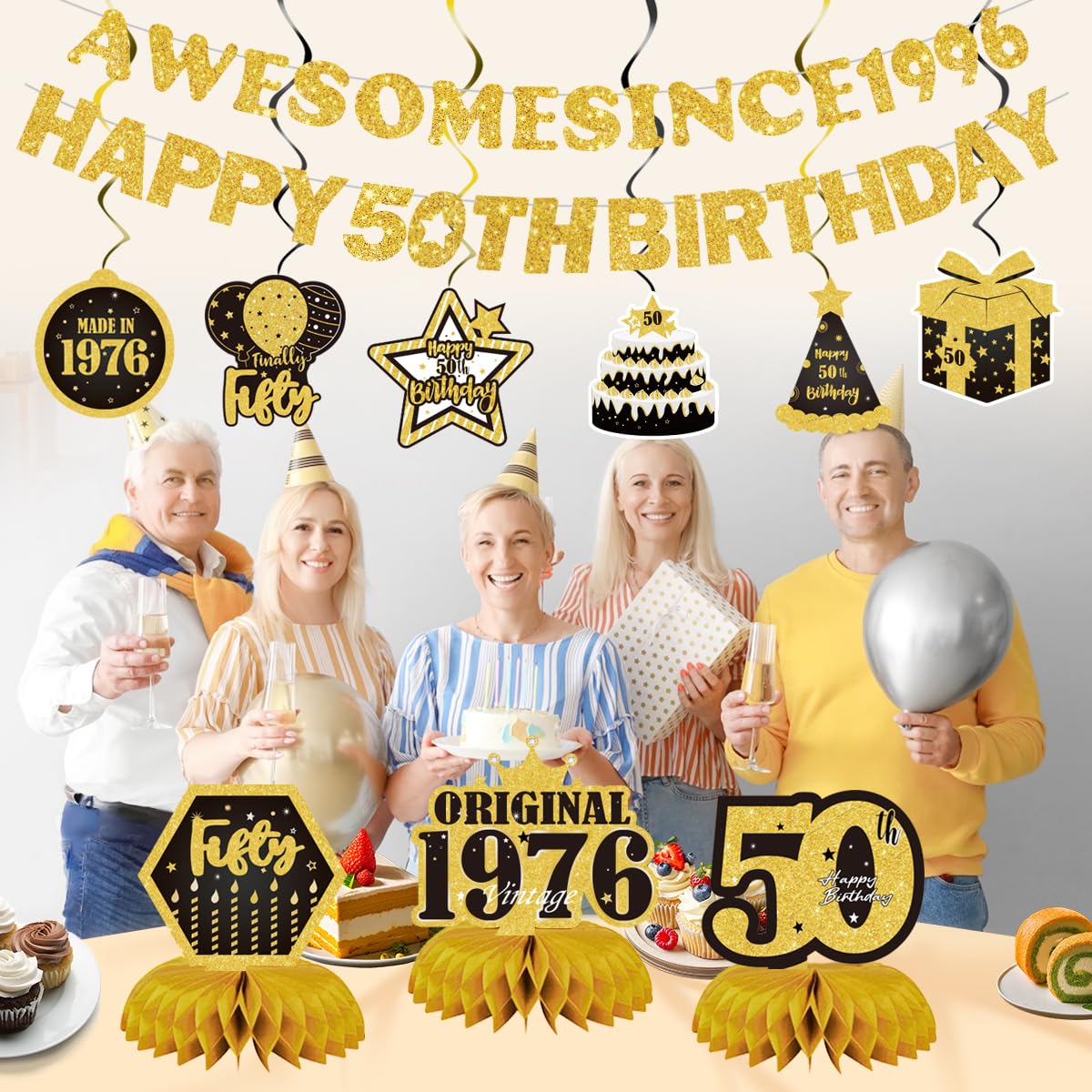 Decoraciones de feliz cumpleaños número 50 para hombres y mujeres, pancarta de fiesta negra y dorada con impresionante cartel desde 1976, 11 piezas, incluyendo remolinos colgantes y centros