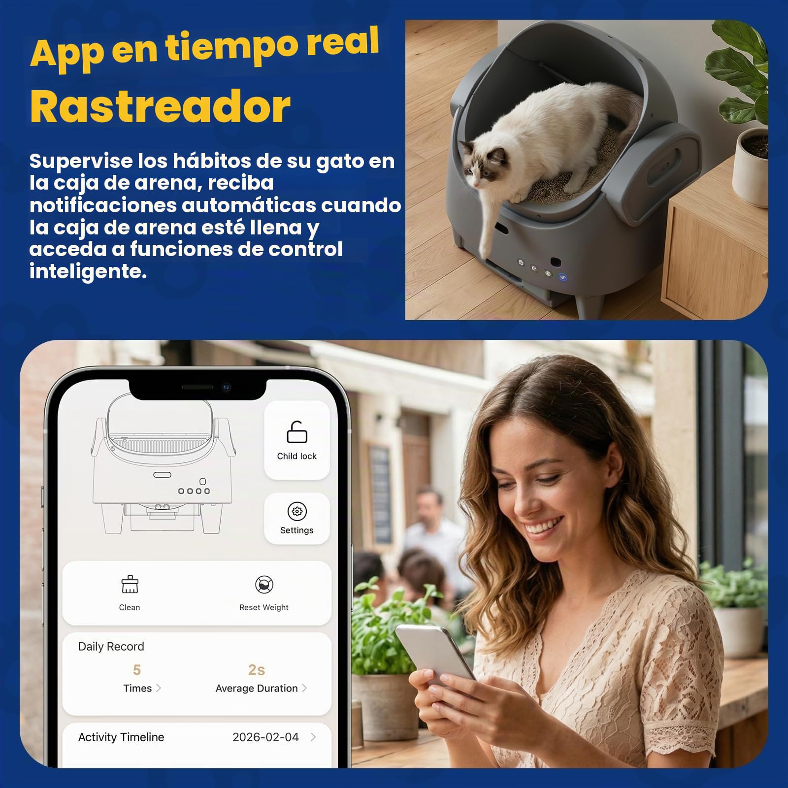 Arenero Gatos Autolimpiable, Caja Arena Gato Automatica con App Control, Antifugas, Atrapamiento, Olores, con Sensores de Seguridad, 13L para Múltiples Gatos, Fácil de Limpiar