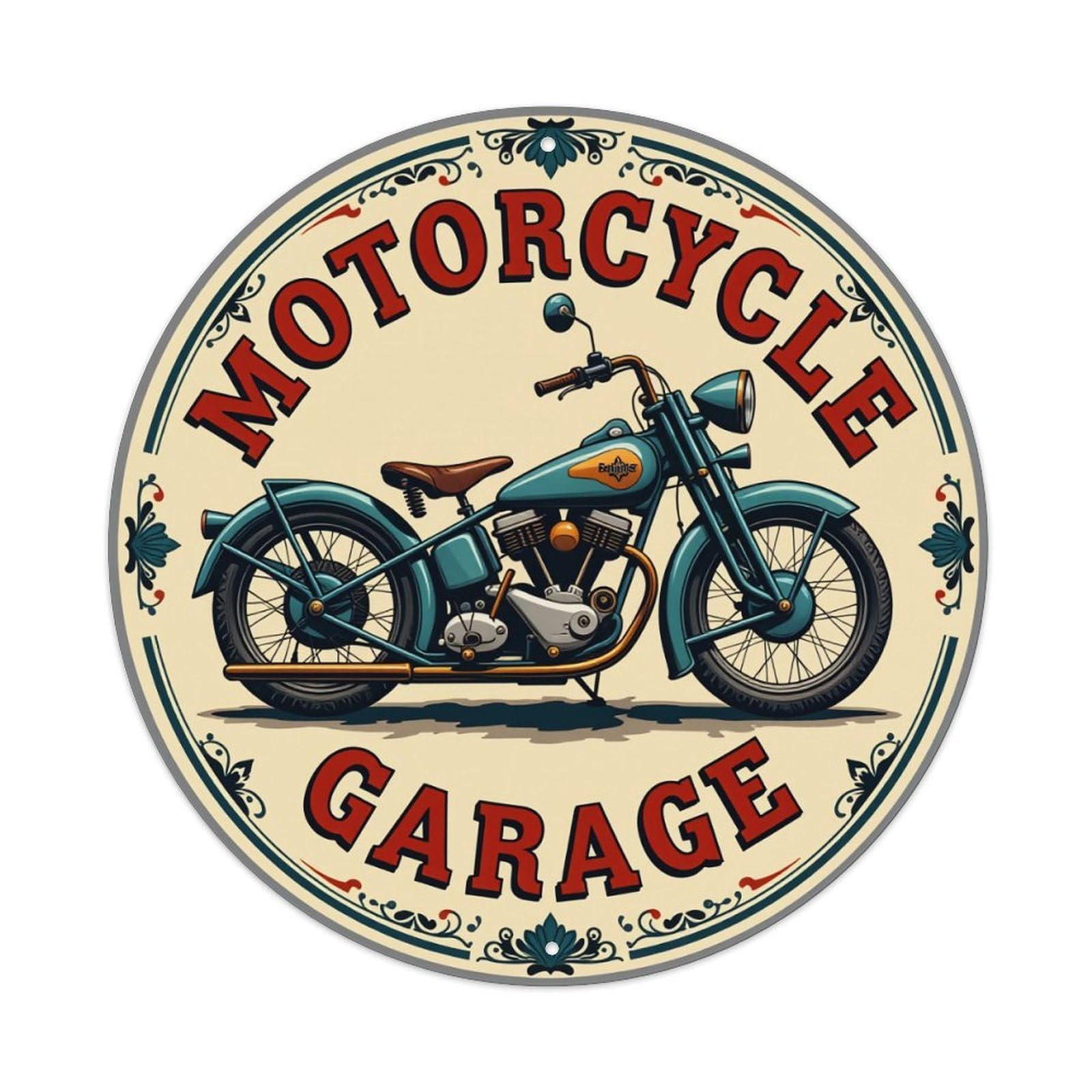 Motorcycle Garage Vintage Style Emblem Round Tin Sign Vintage Metal Poster, Home Bar Garage Man Cave Cafe Indoor & Outdoor Wall Decoration 8x8Inches
