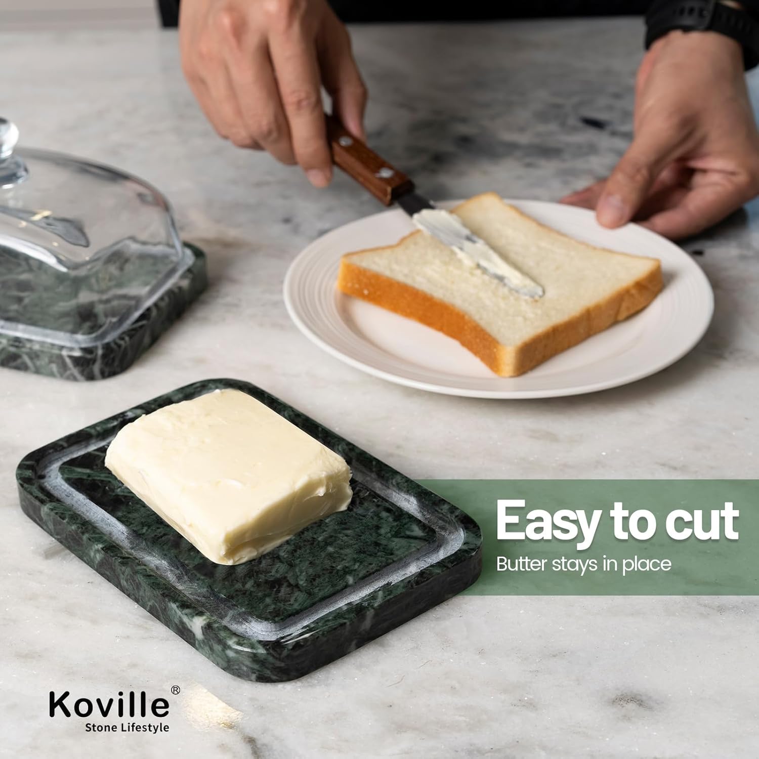 Koville Green Marble Butter Dish with Glass Lid for Countertop and Refrigerator Door Shelf, Green Marble Butter Keeper, Stone Butter Dish with Lid, Airtight Butter Keeper Container, Dishwasher Safe