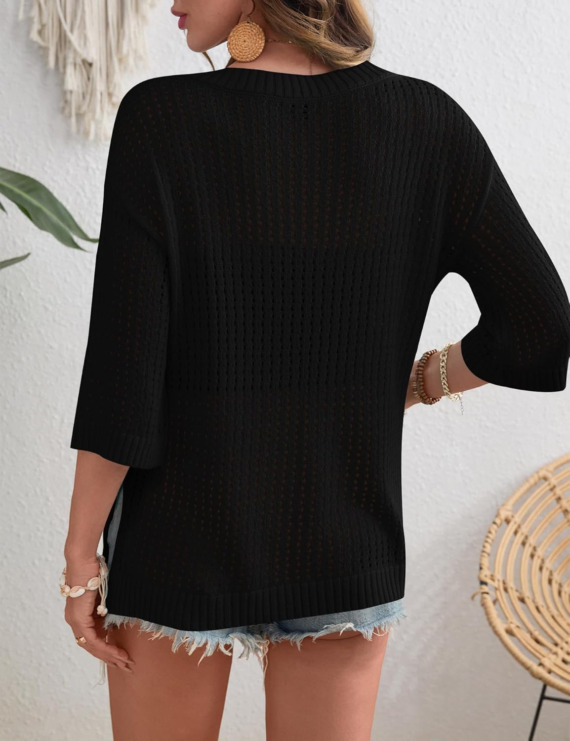Rapbin Women's Crochet V Neck Beach Cover Up 3/4 Sleeve Hollow Out Knitted Pullover Sweater - Image 5