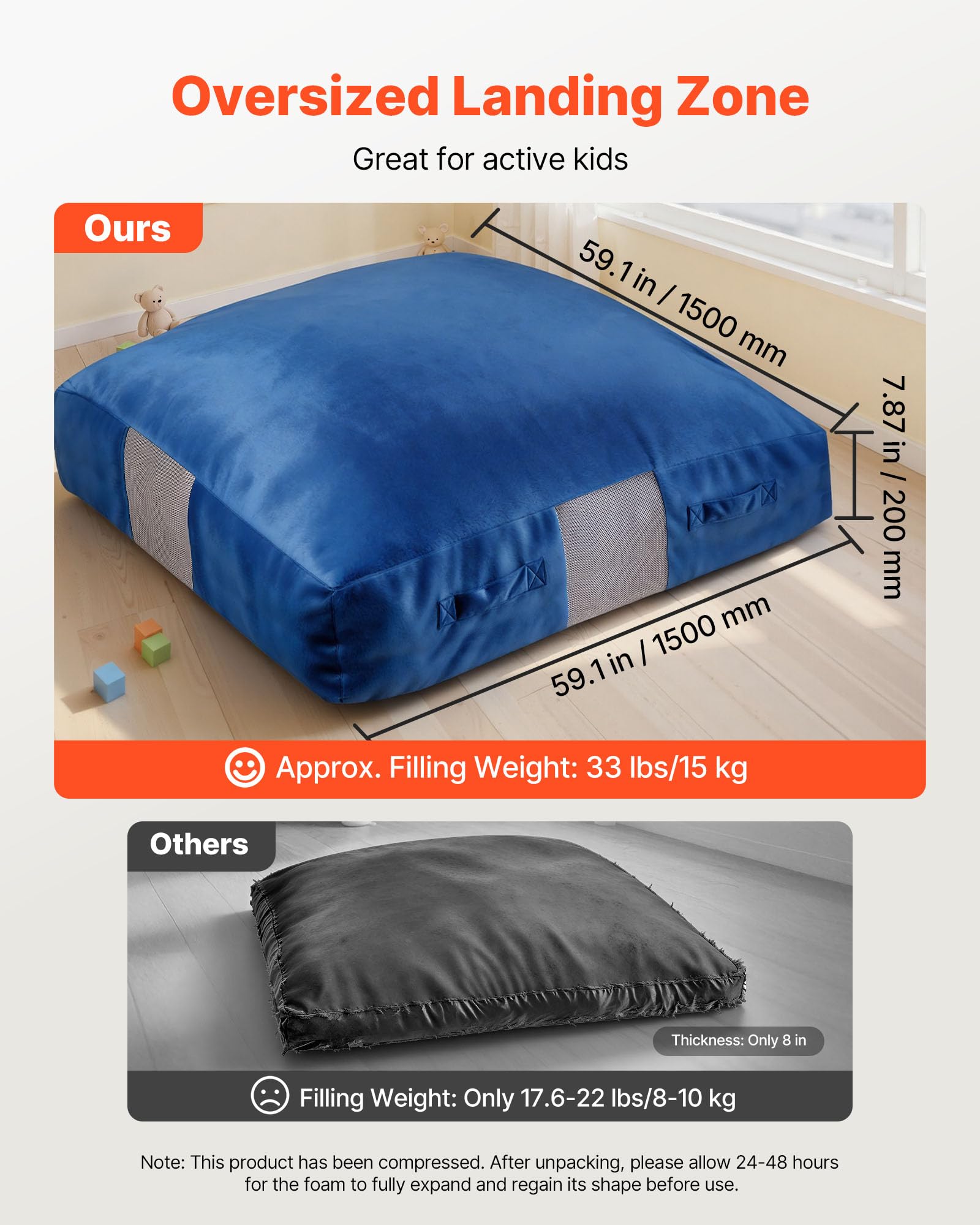 VEVOR Almohadilla de choque para niños, almohadilla sensorial con bloques de espuma y funda lavable, alfombrilla de almohada grande y suave, equipo sensorial de habitación para niños que saltan