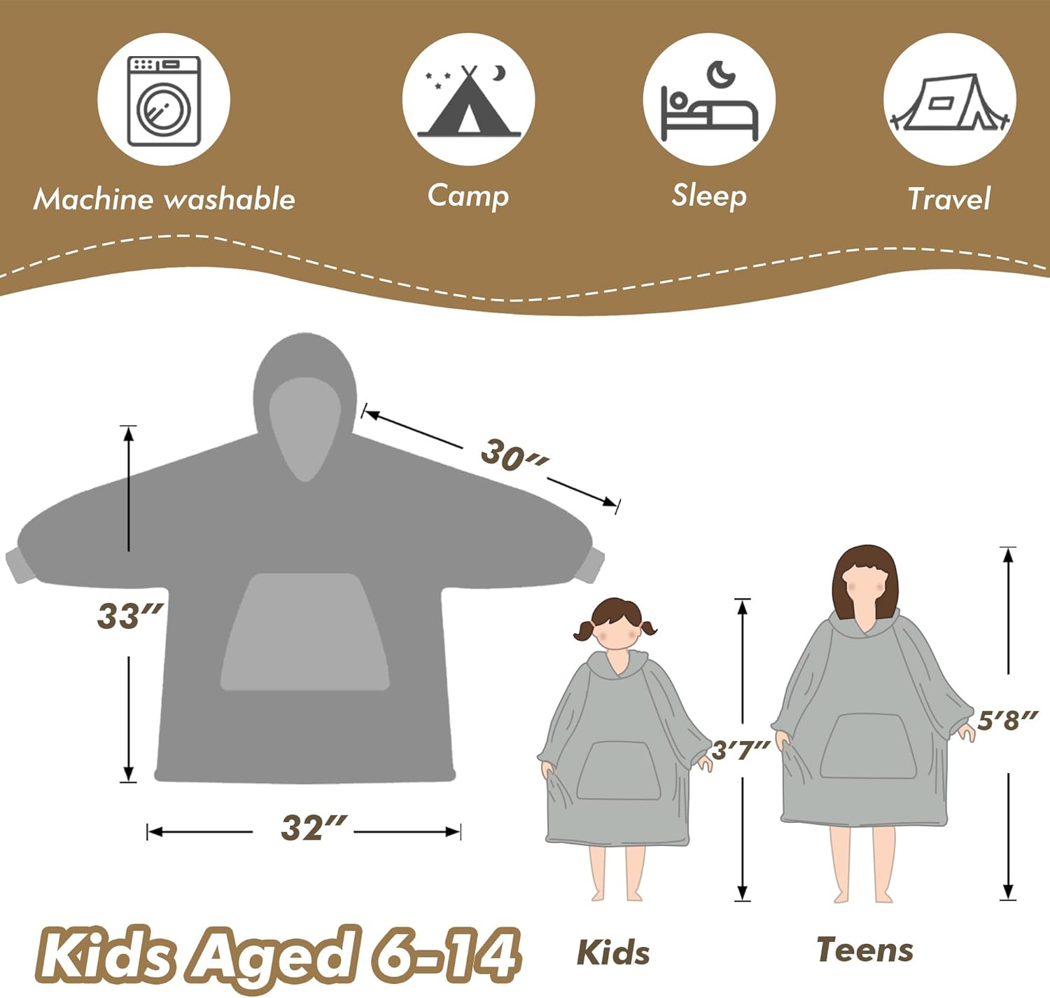 Tirrinia Blanket Hoodie for kids, Oversized Wearable Blanket, Cartoon Hooded Sherpa Lined Blanket, Gift for Kids Teens, Youth. Grey - Image 7