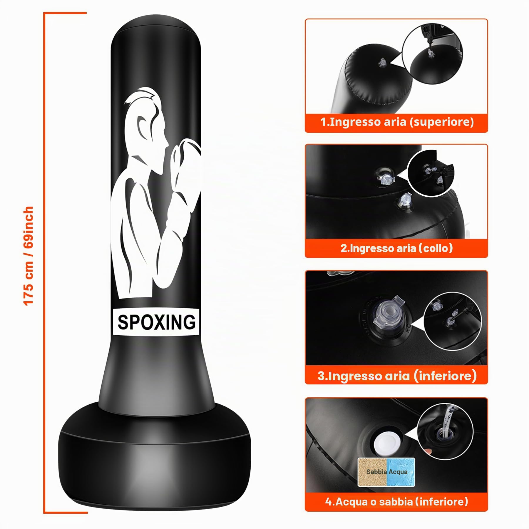 Sacco da boxe con supporto, 180 cm, autoportante, robusta attrezzatura da boxe per adulti, su misura per allenamento MMA, Muay Thai e fitness, ideale per kickboxing gonfiabile, in confezione regalo