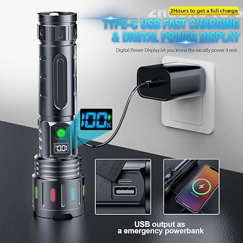 Miniatura 5 de Hoxida Linternas recargables de alto lúmenes, luz LED súper brillante de 4,921.3 ft de largo con pantalla de alimentación e impermeable IPX5 para