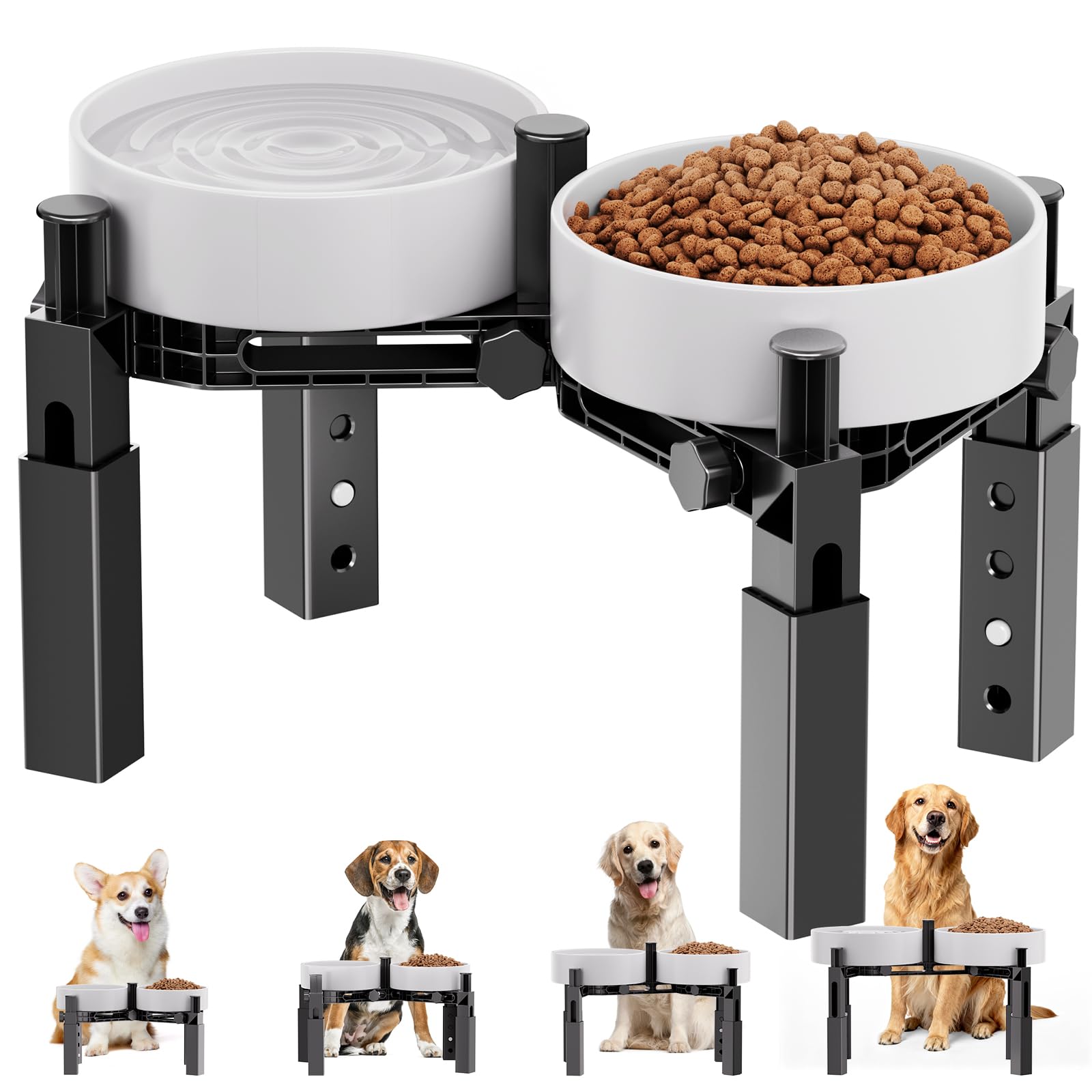 X XBEN Supporto per Ciotole Rialzate per Cani con 4 Altezze e Larghezza Regolabili, Adatto per Ciotole per Cani Acqua e Cibo, per Cani Piccoli, Medi e Grandi, Resistente e Antiscivolo [Solo Supporto]