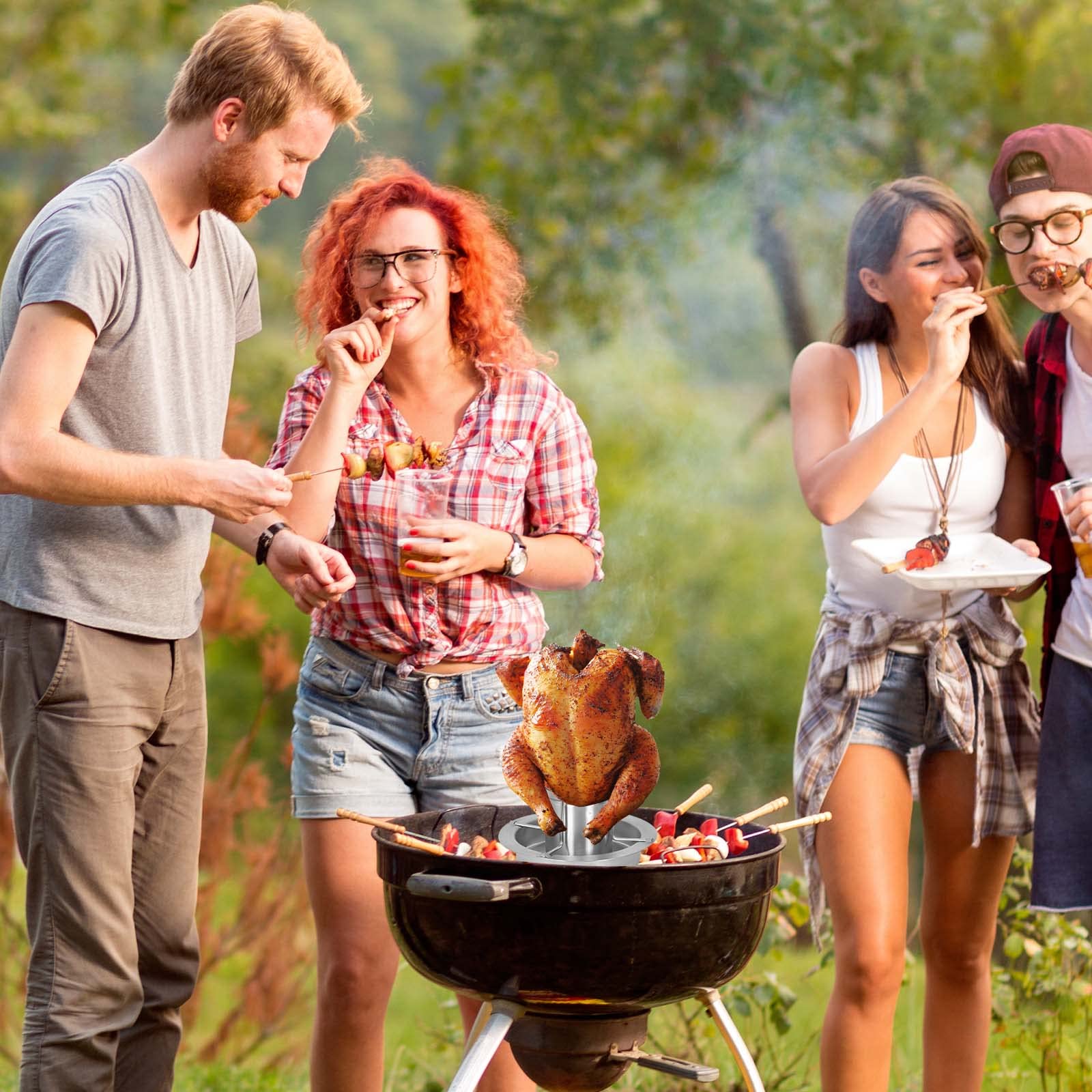Soporte para Asador de Pollo, Pollo Barbacoa Soporte para Gallinas de Acero Inoxidable, Soporte para Pollo Vértical con Bandeja de Goteo para Horno y Barbacoa, Asador Pollo con Recipiente de Aroma