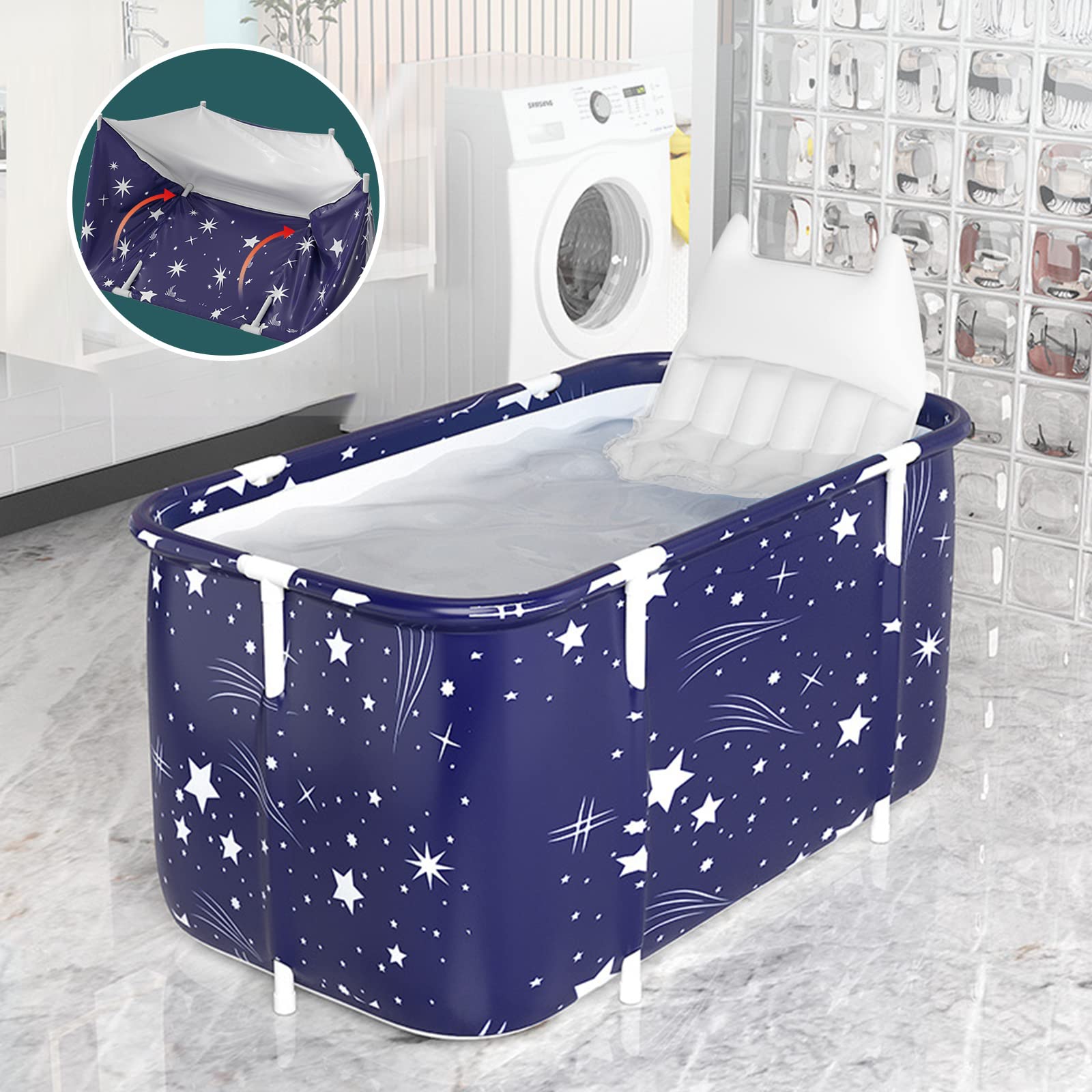 Baignoire Pliable Adulte, Grand Antidérapant Baignoires Portable Mobile pour Douche, Pliante SPA Baignoire pour Petite Salle de Bain, Trempage Autoportante Baignoire, 132x68x47cm (Bleu)