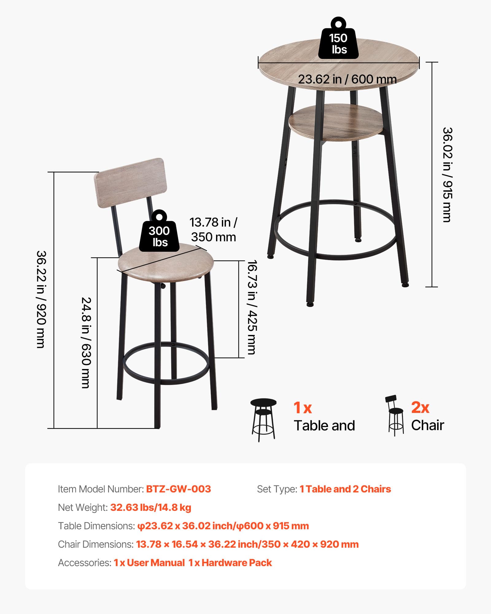 VEVOR Ensemble Table de Bar avec Tabourets 3PCs, Table Haute de 60 cm avec Deux Chaises aux Angles Arrondis, pour Salle à Manger Bureau Coin Repas Bistro, Mange-Debout Ronde, Gris Clair et Noir