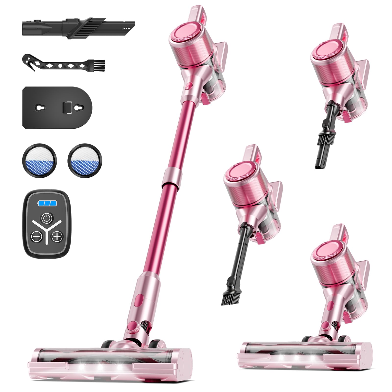 Cordless Vacuum Cleaner, 38Kpa Vacuum Cleaners for Home, 60Mins Lightweight Stick Vacuum with LED Display, Anti-Tangle & Wall Mount , 8 in 1 Lightweight Vacuum for Hard Floors Carpet Pet Hair, Pink