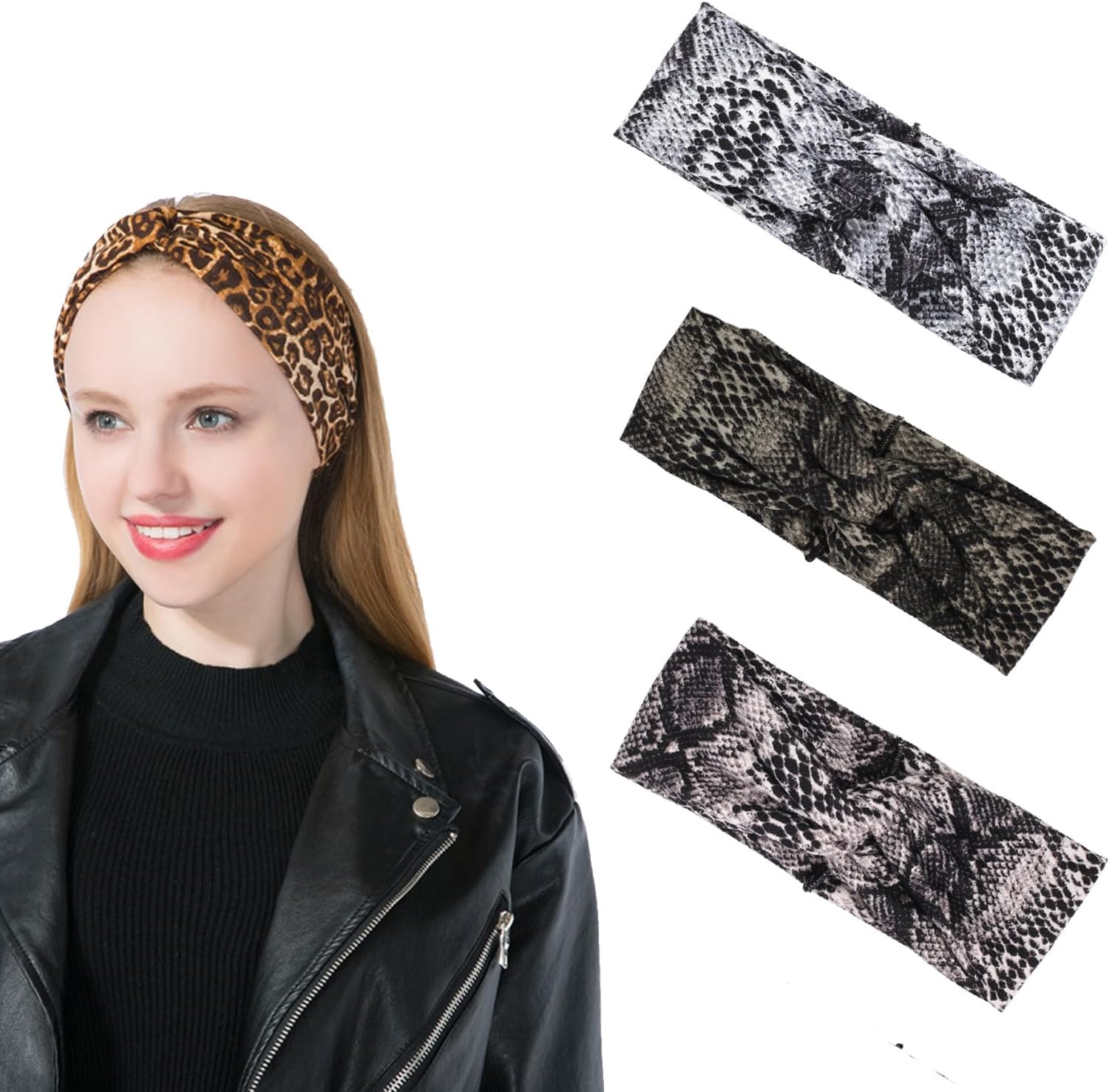 DINPREY Animal Print Leopard Headband Bandana Knot Snake Print Headbands Yoga Head Wrap for Womens