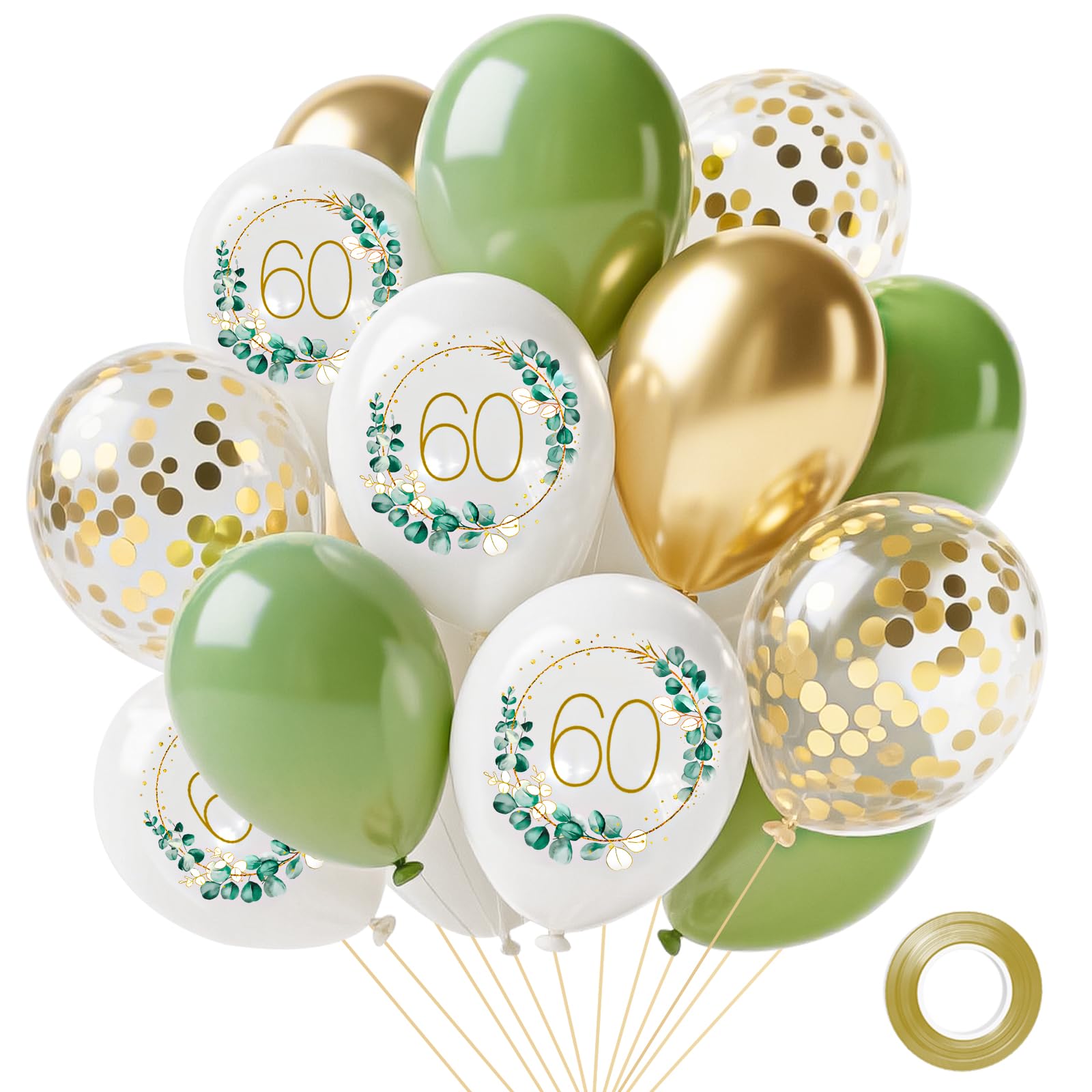 Tookala 60. Geburtstag Luftballons Grün, 15 Stück Salbei Grün Gold Weiß Konfetti LuftBallons, 60th Happy Birthday Ballons, Geburtstag deko Jubiläum Partydeko Mädchen Frau