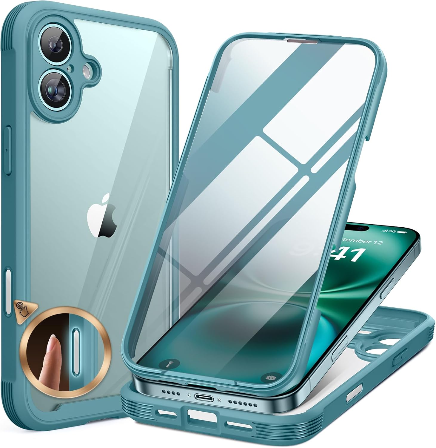 Miracase Glass Case for iPhone 16 Case 6.1-Inch,[Camera Control Button Covered] + [Built-in 9H Tempered Glass Screen Protector without Bubble] Full Body Bumper Clear Back Cover (Teal)