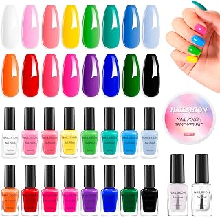 Nail Polish 16 Colors Rainbow Air Dry Regular Nail Polish Set with Base Top Coat & Remover Pads| White Red Classic French Fingernail Polishes Non-gel Bulk Gift for Nail Art Lovers