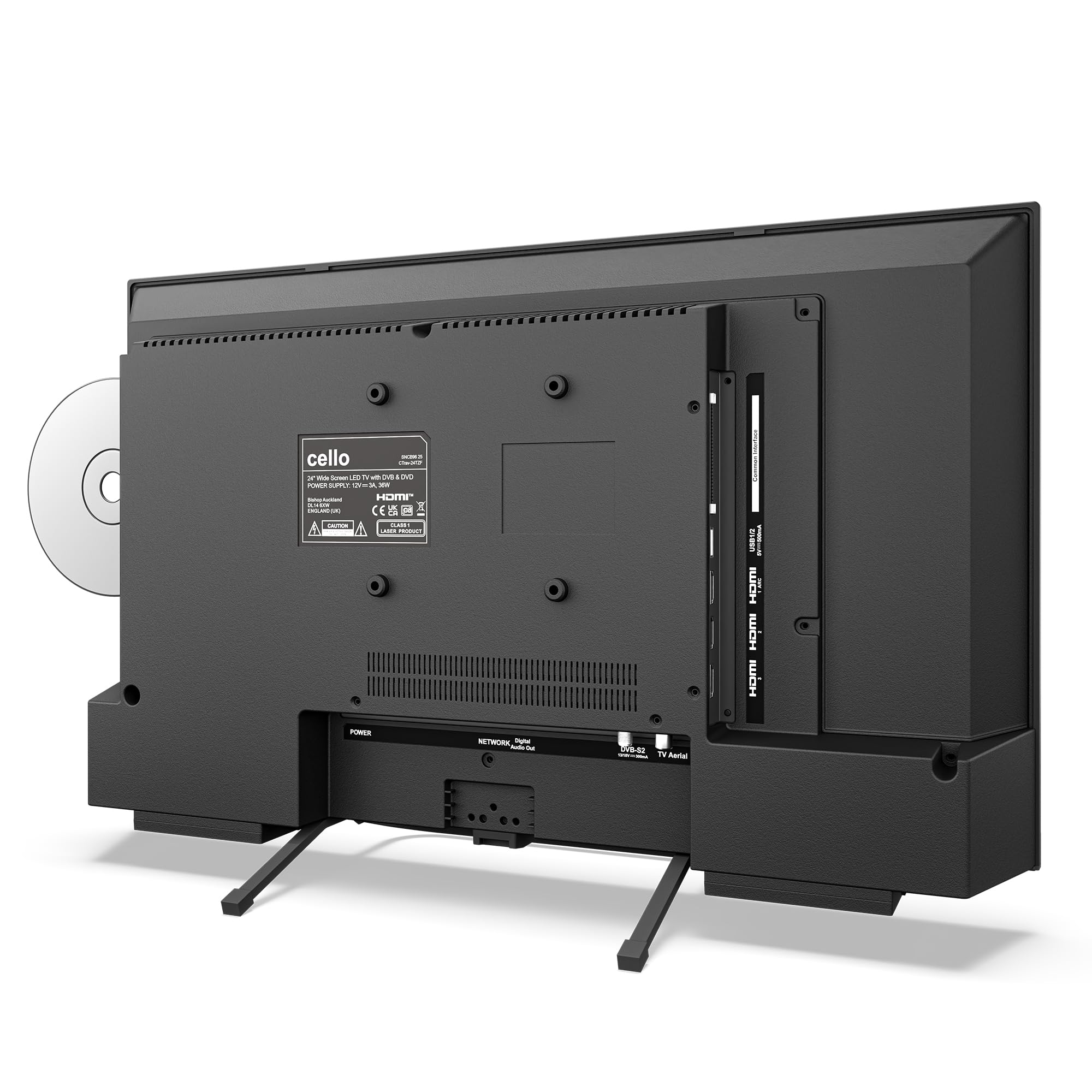 Cello CTRAV-22TZF Smart TV LED 22" 12V con lettore DVD, Tizen OS di Samsung, Gaming Hub, altoparlanti Pitch Perfect, Bluetooth, triplo sintonizzatore, ideale per camper e campeggio