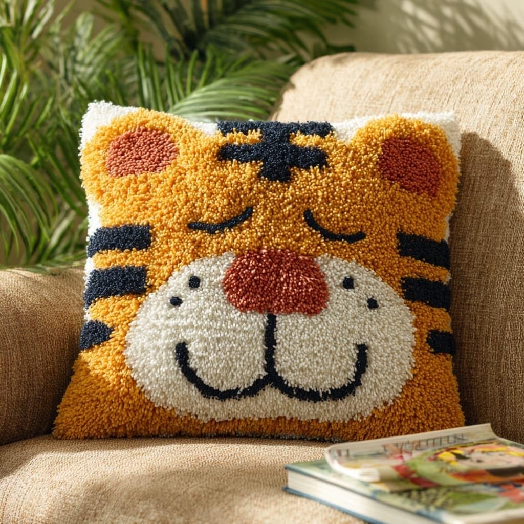 Taxpy DIY Latch Hook Pillow Kit Pre-Printed Hook and Latch Rug Kits Tiger 17X17 Inch.Cross-Stitch Embroidery Cushion Cover for Home Sofa Decoration
