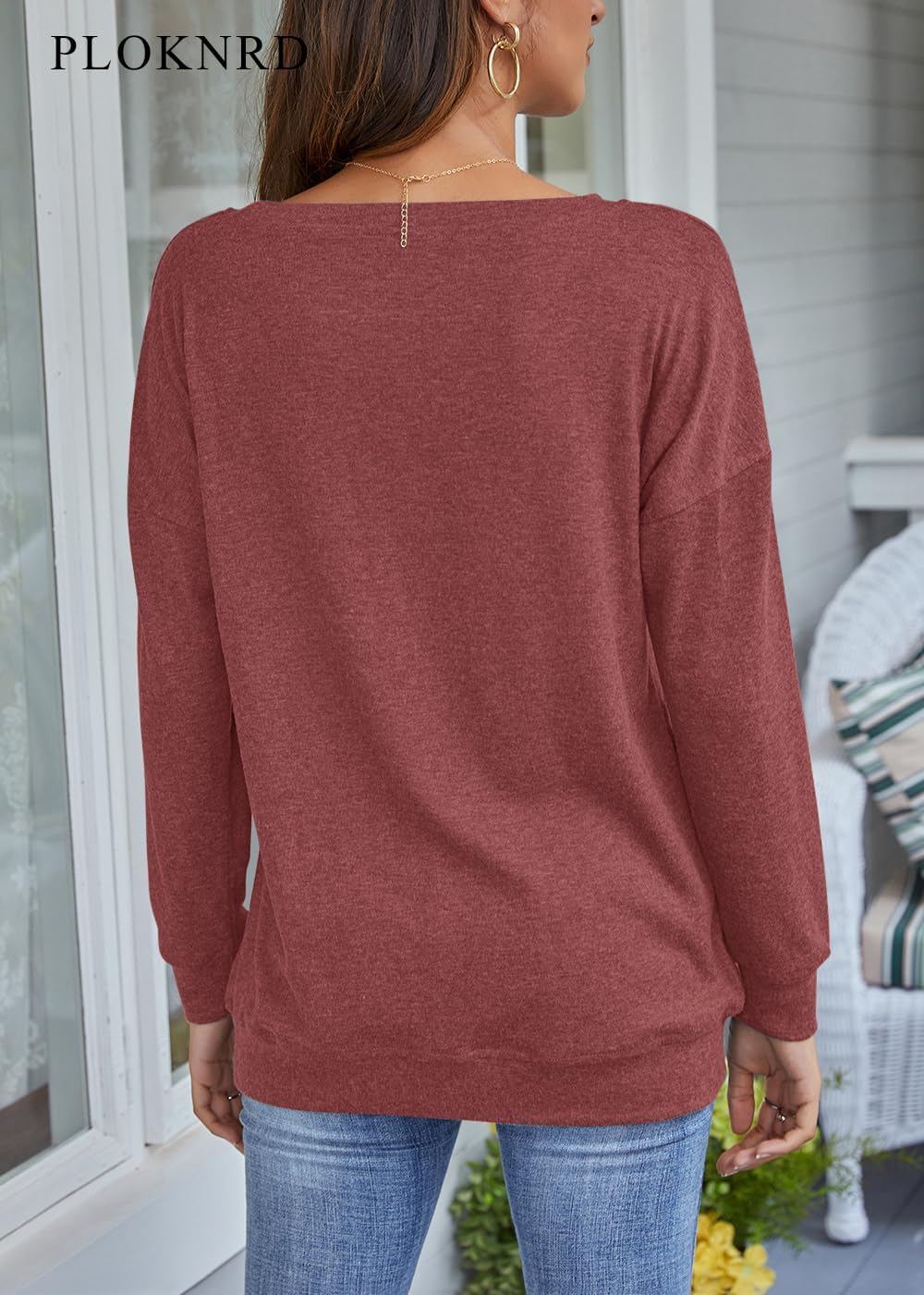 PLOKNRD Women Casual Round Neck Long Sleeve Fit Tunic Top Baggy Comfy Blouse with Pockets - Image 5