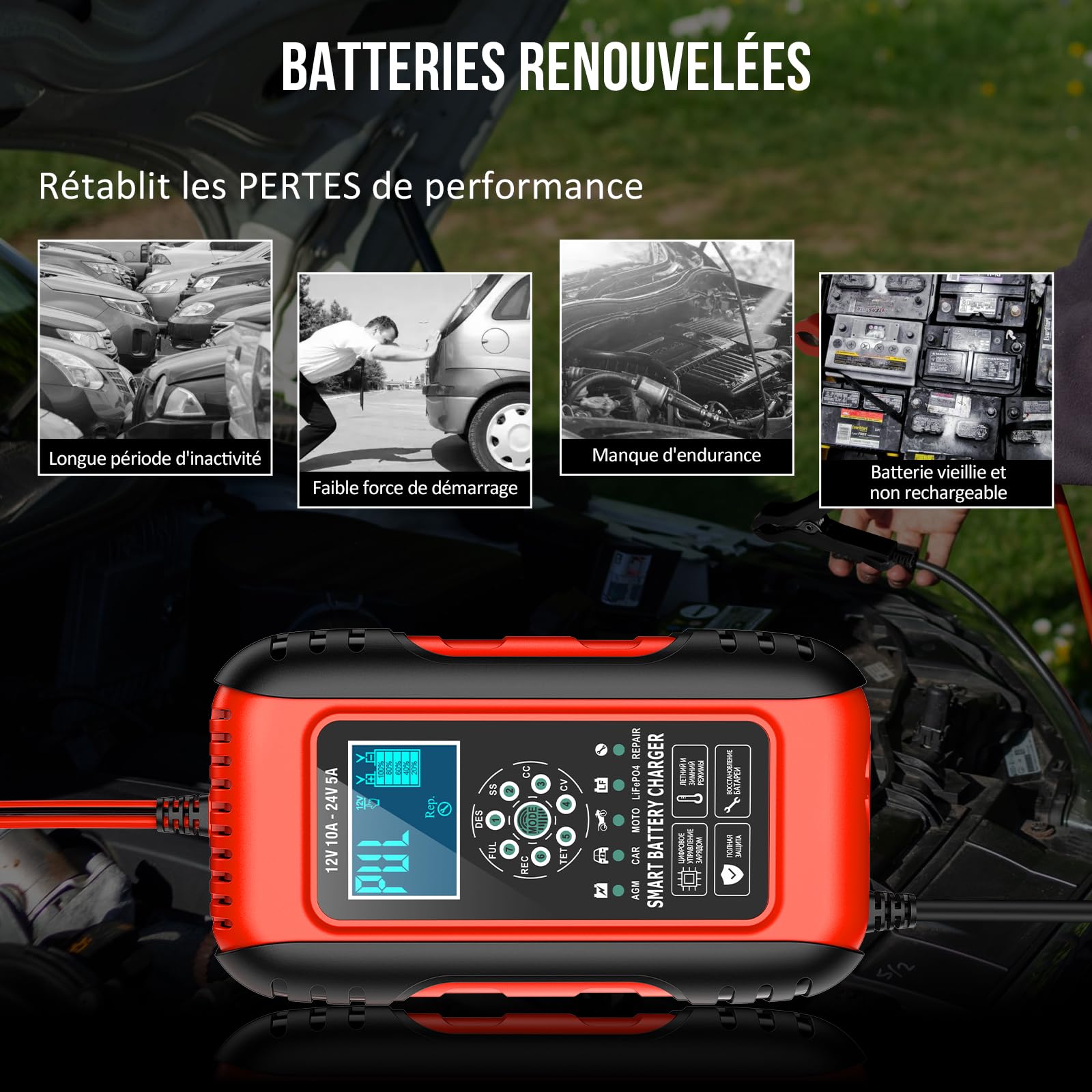 12V/24V 10A Chargeur Batterie Lithium, Chargeur Batterie Voitures avec Écran Tactile, 11 Protections Charge&Fonction Réparation, Sécurité Enfant pour Voiture Moto Camion, AGM, Gel, Wet, LiFePO4