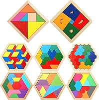 Vista 1 de Jerify Paquete de 8 rompecabezas de madera Tangrams de madera hexagonal, bloques geométricos Tangram rompecabezas para adultos 3D lógica