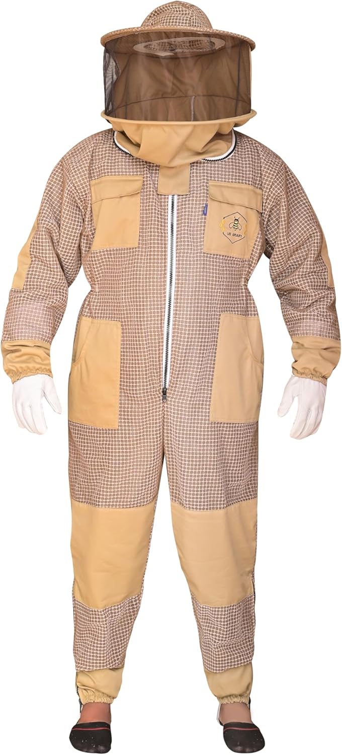 US APIARY 3 Layer Bee Suit with Fencing Veil and Round Veil One Pair Gloves Sting Proof Ventilated Beekeeping Suit, 2 Veils 3X-Large Khaki