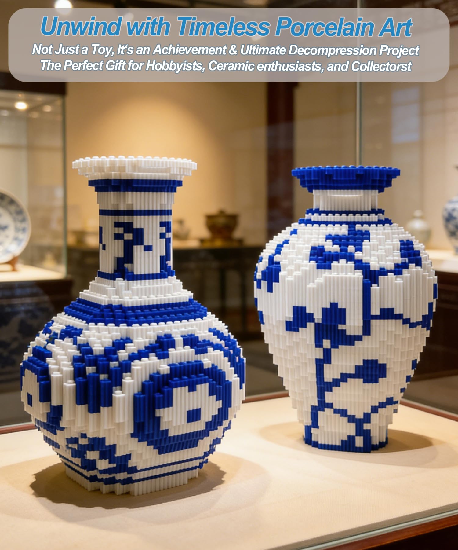 Vase Building Blocks Set, Blue & White Ceramic Style 6400PCS (2 Sets), Compatible for Lego, 7 * 7 * 11″ Creative Flower Building Kit for Home Decor, STEM Birthday Gift for Adults — view 3