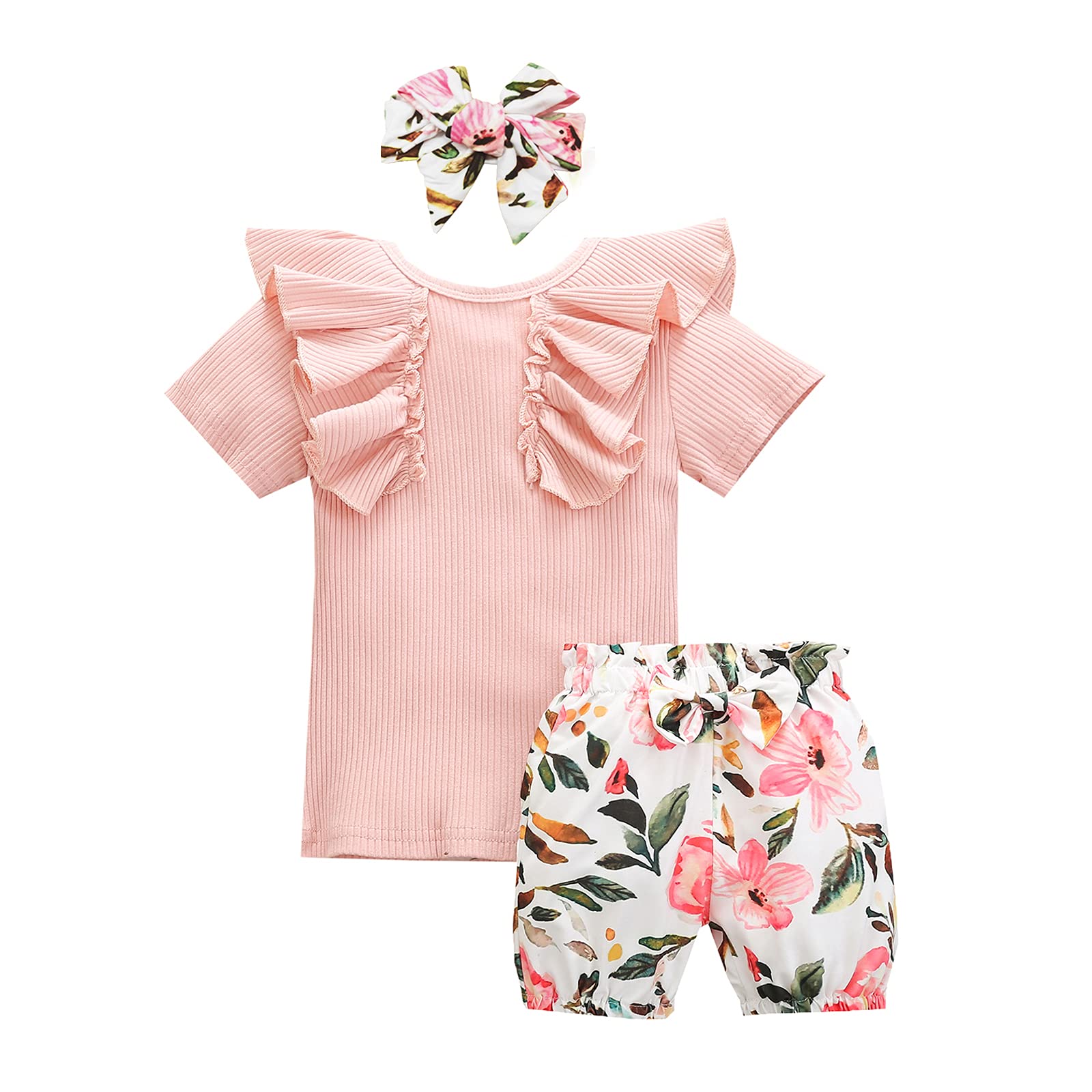 OFIMANBaby Girl Outfits Toddler Kids Clothes Set Newborn Short Long Sleeve Ruffle Top + Floral Pants + Bow Headband Fall 3Pcs