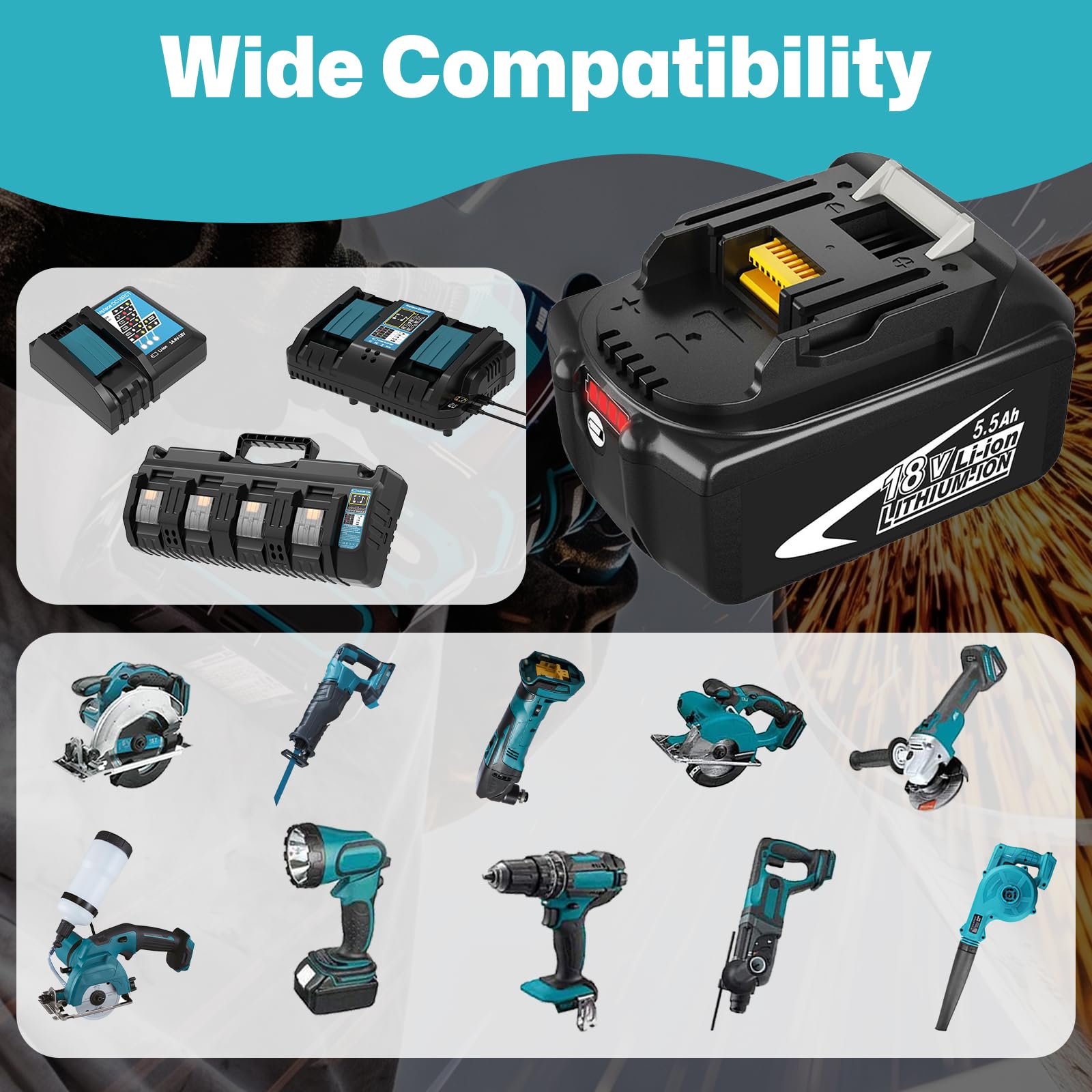 2 Piezas Batería 5,5Ah 18V & DC18RF Cargador LCD para Makita LXT | 5500mAh Li-Ion, Compatible BL1850 BL1860 BL1820 BL1850B BL1830 BL1840 BL1830B, Carga 3A,Para Todo Sistema LXT