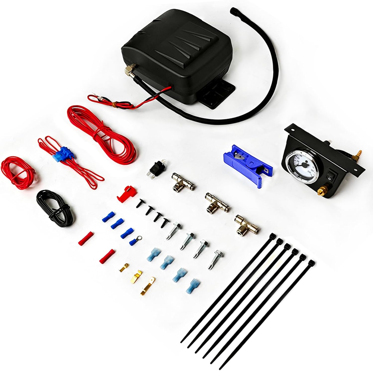 25804 On Board Air Compressor System Air Shock Controller Air Compressor and Air Pressure Gauge Air Line T Fittings for Ram/Chevy/Ford/Silverado/GMC Trucks Vans